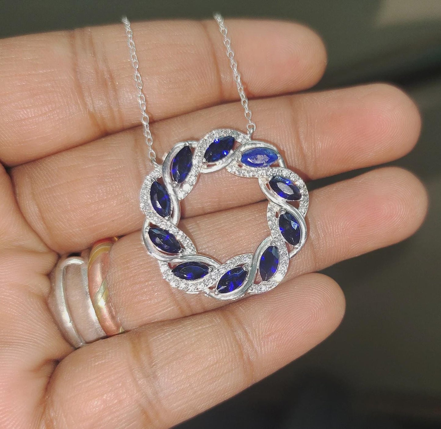 2Ct Marquise Cut Blue Sapphire & VVS1/D Diamond Circle Pendant Necklace 14k White Gold Plated Birthday Gift for Her Free Chain