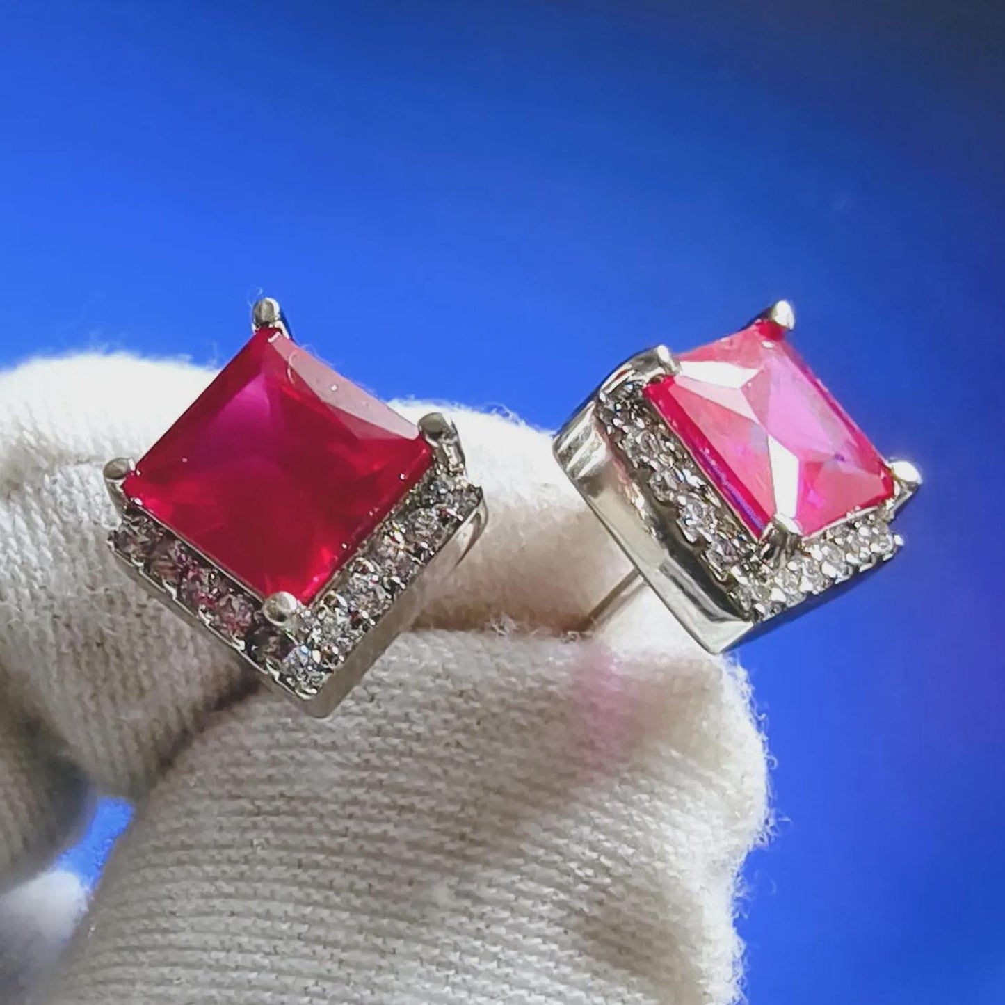 3Ct Princess Brilliant Cut Red Ruby VVS1 Diamond 14K White Gold Finish Halo Cluster Stud Earrings Gift For her ,Birthday Gift, Special Gift