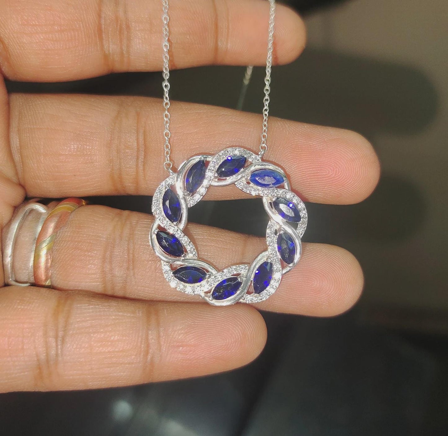 2Ct Marquise Cut Blue Sapphire & VVS1/D Diamond Circle Pendant Necklace 14k White Gold Plated Birthday Gift for Her Free Chain