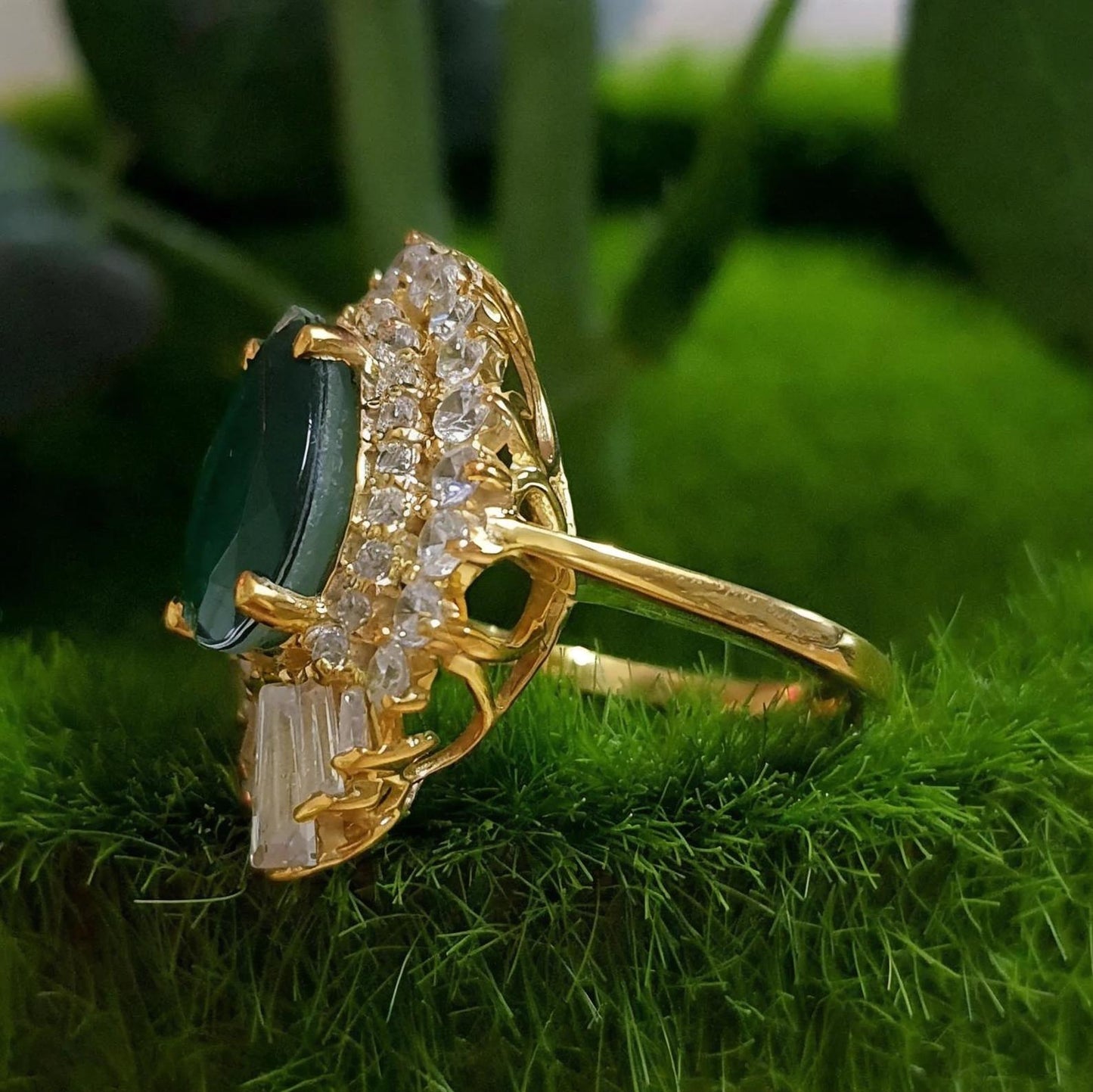 2Ct Pear Cut Emerald & Baugette Diamond Engagement Ring Yellow Gold Finish Halo Engagement Ring For Women Wedding Promise Ring For Her