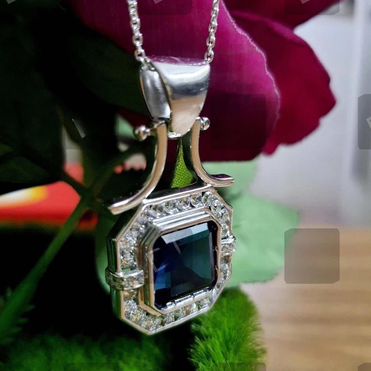 3Ct Asscher Cut Blue Sapphire Round Cut Diamond Halo 14K White Gold Finish Pendant Necklace For Girls With Free Chain