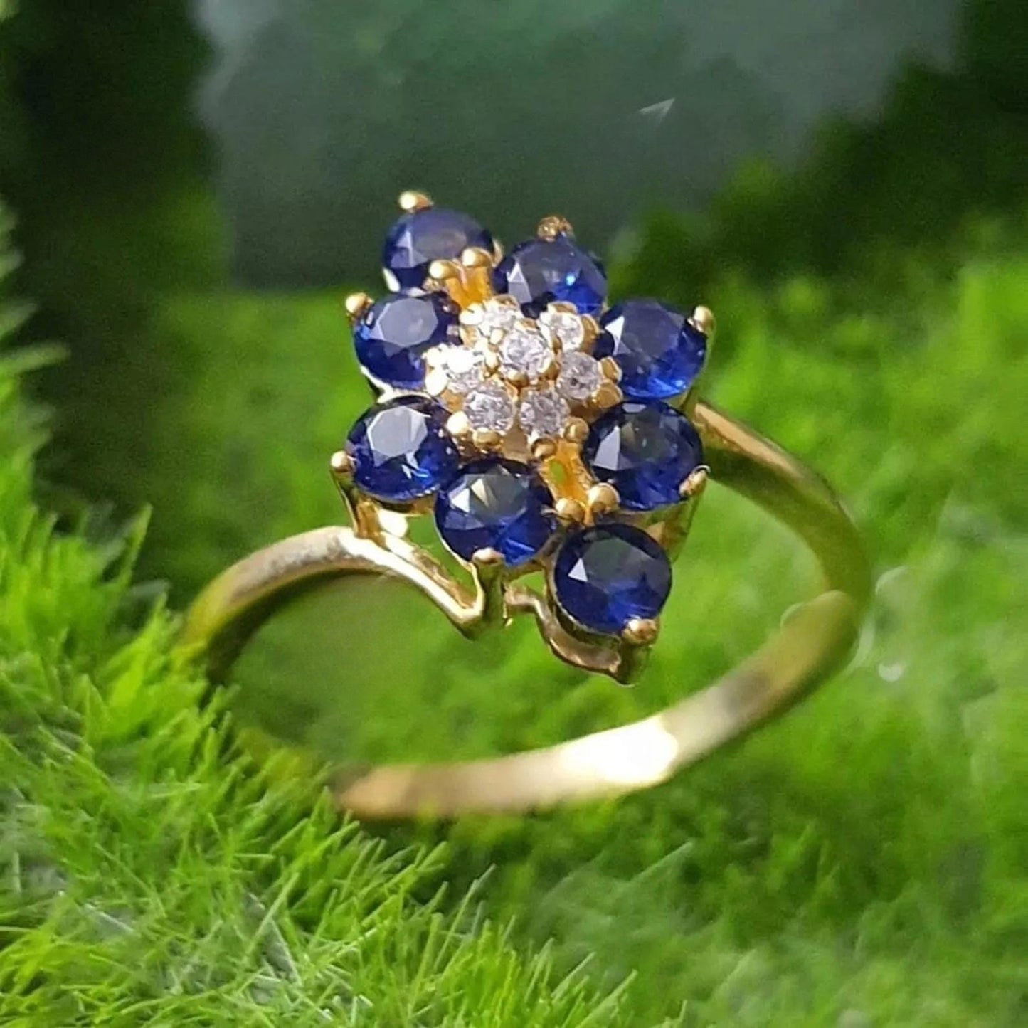 2Ct Round Cut Lab Created Blue Sapphire 14K Yellow Gold Plated Cluster Engagement, Wedding, Anniversary, Birthday Gift For Her