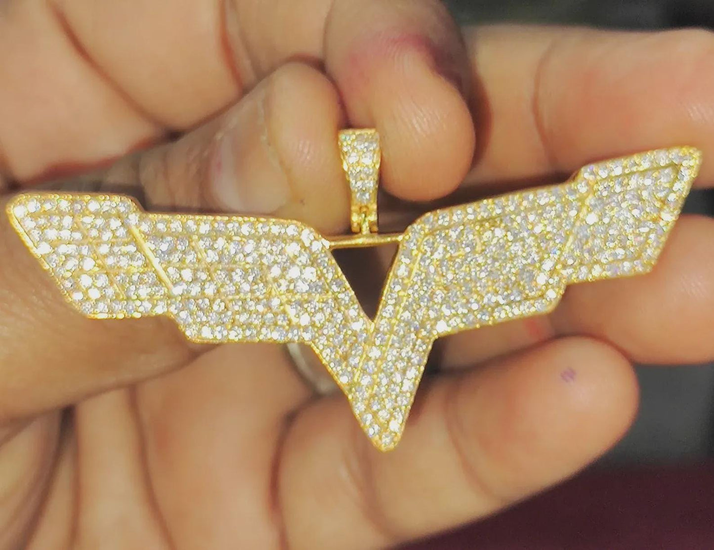 1Ct Diamond Lab-Created Wing Hip Hop Pendant Necklace Round Cut 14K Yellow Gold Plated 925 Sterling Silver V Wing Shape Pendant