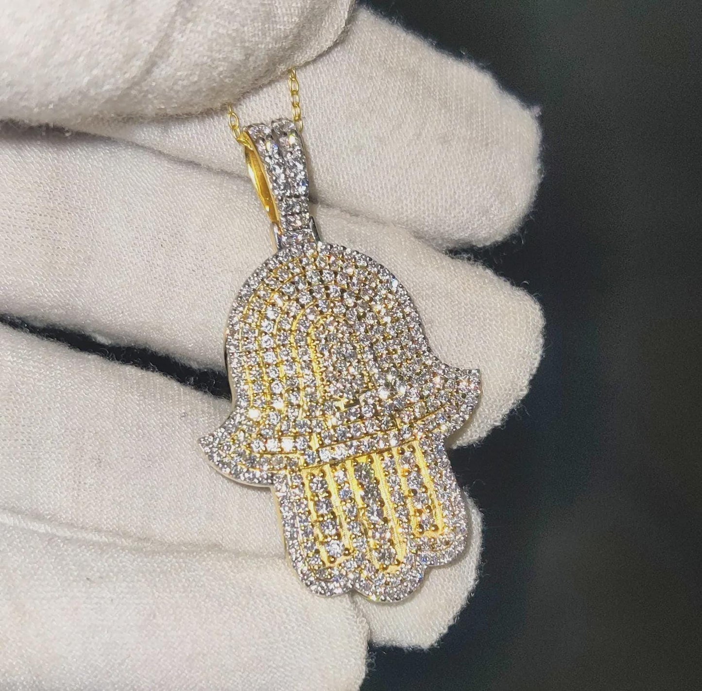 2Ct Round Cut Simulated White Diamond Hamsa Pendant  14K Yellow Gold Finish Free Chain 925 Sterling Silver