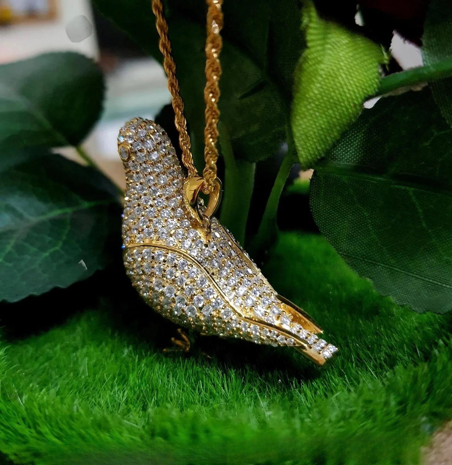 14k Yellow Gold Finish Pendant. Custom Made Bird Pendant Round cut Simulated Diamond Yellow Gold Plated Bird Pendant Free Chain