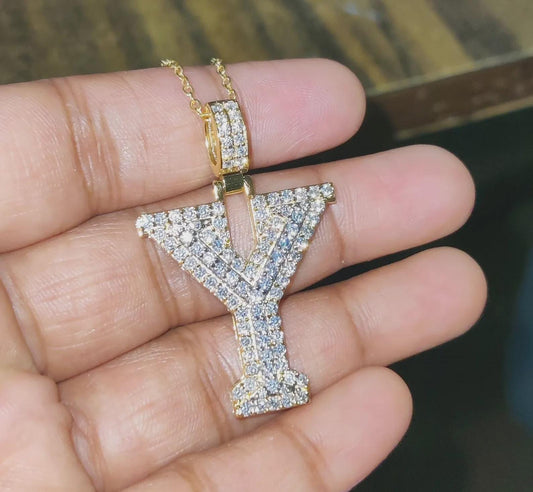 1.50Ct Round Cut Diamond Custom Initial Letter Y Pendant 14K Yellow Gold Plated Free Chain 18" 925 Silver, Alphabet Letter Custom Pendant