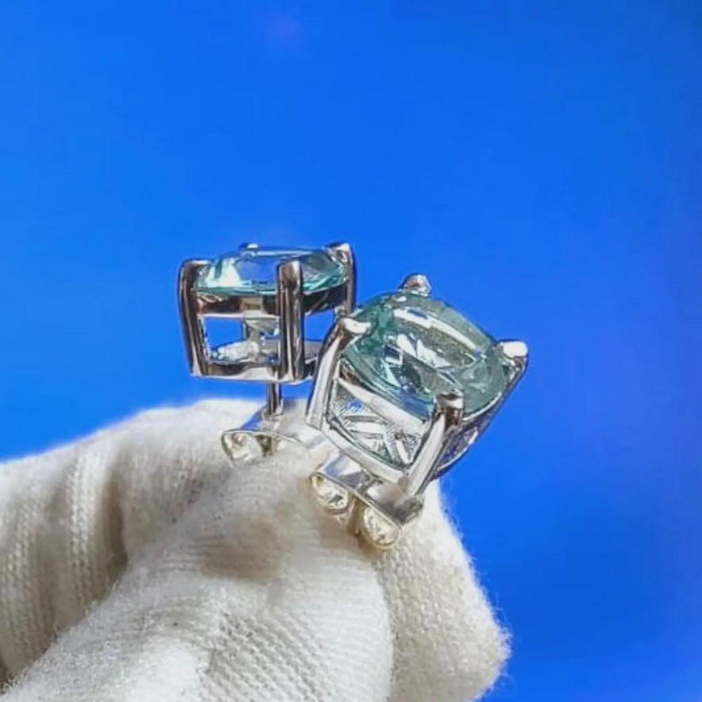 4Ct Cushion cut Aquamarine 14K White Gold Finish Sterling 925 Solitaire Stud Earrings Gift For her ,Birthday Gift, Special Wedding Gift,
