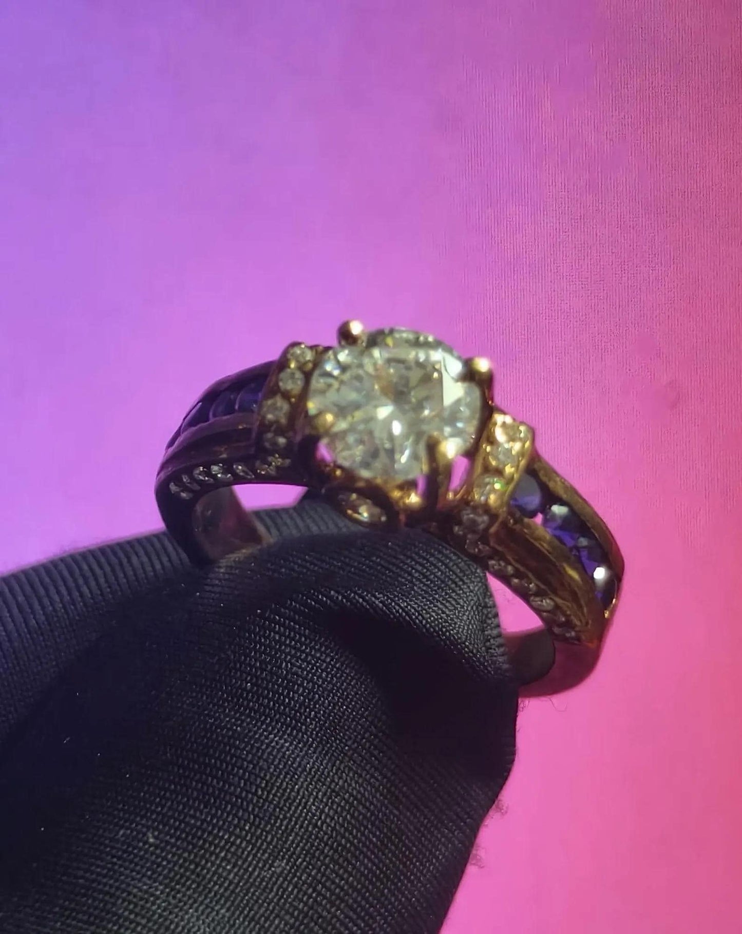 Round Cut Simulated Diamond & Blue Tanzanite Solitaire Engagement Ring  14K Yellow Gold Plated, Silver, Anniversary Ring, Wedding Band Ring