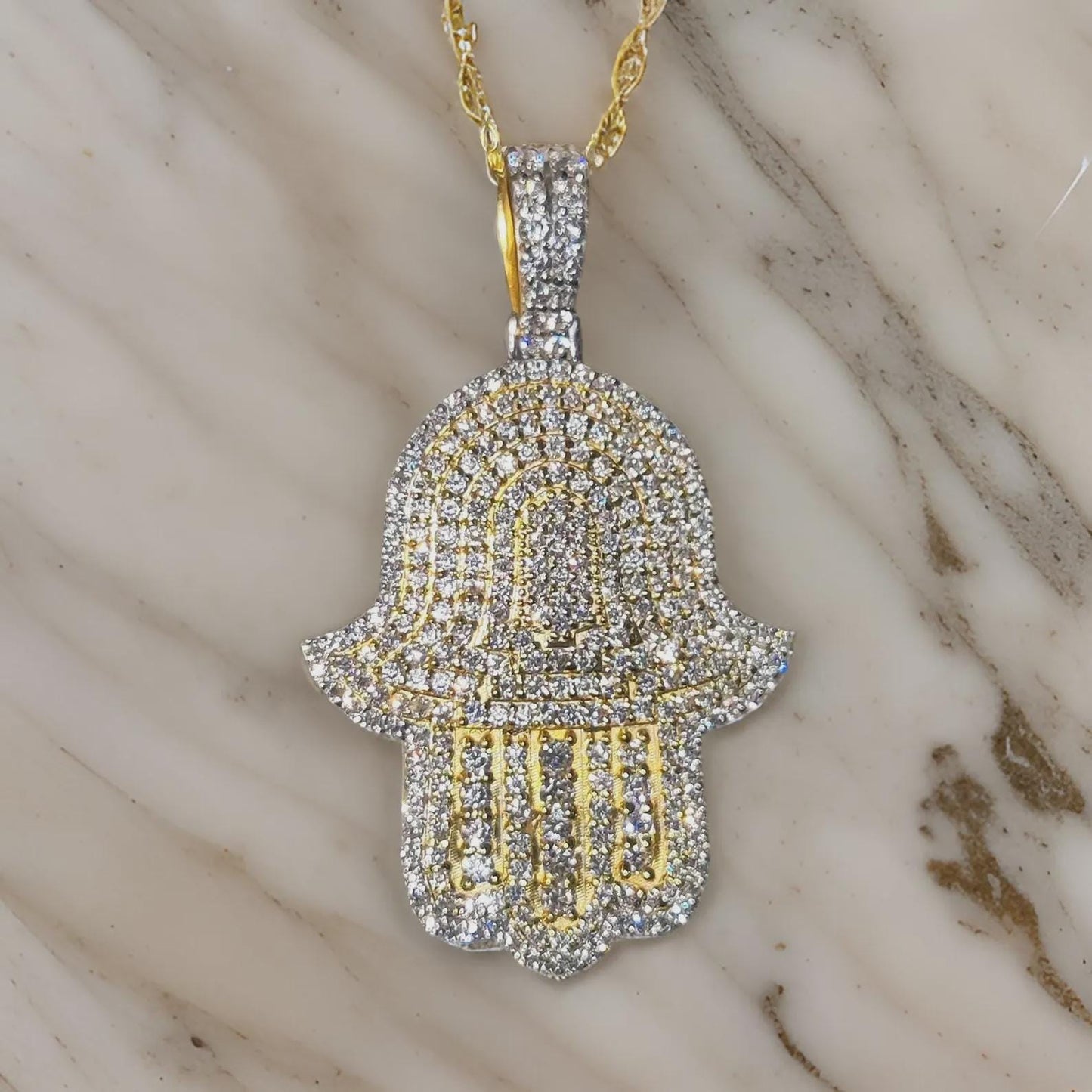 2Ct Round Cut Simulated White Diamond Hamsa Pendant  14K Yellow Gold Finish Free Chain 925 Sterling Silver