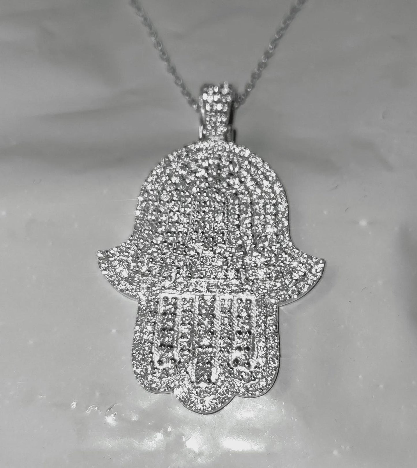 2Ct Round Cut Simulated White Diamond Hamsa Pendant  14K White Gold Finish Free Chain 925 Sterling Silver