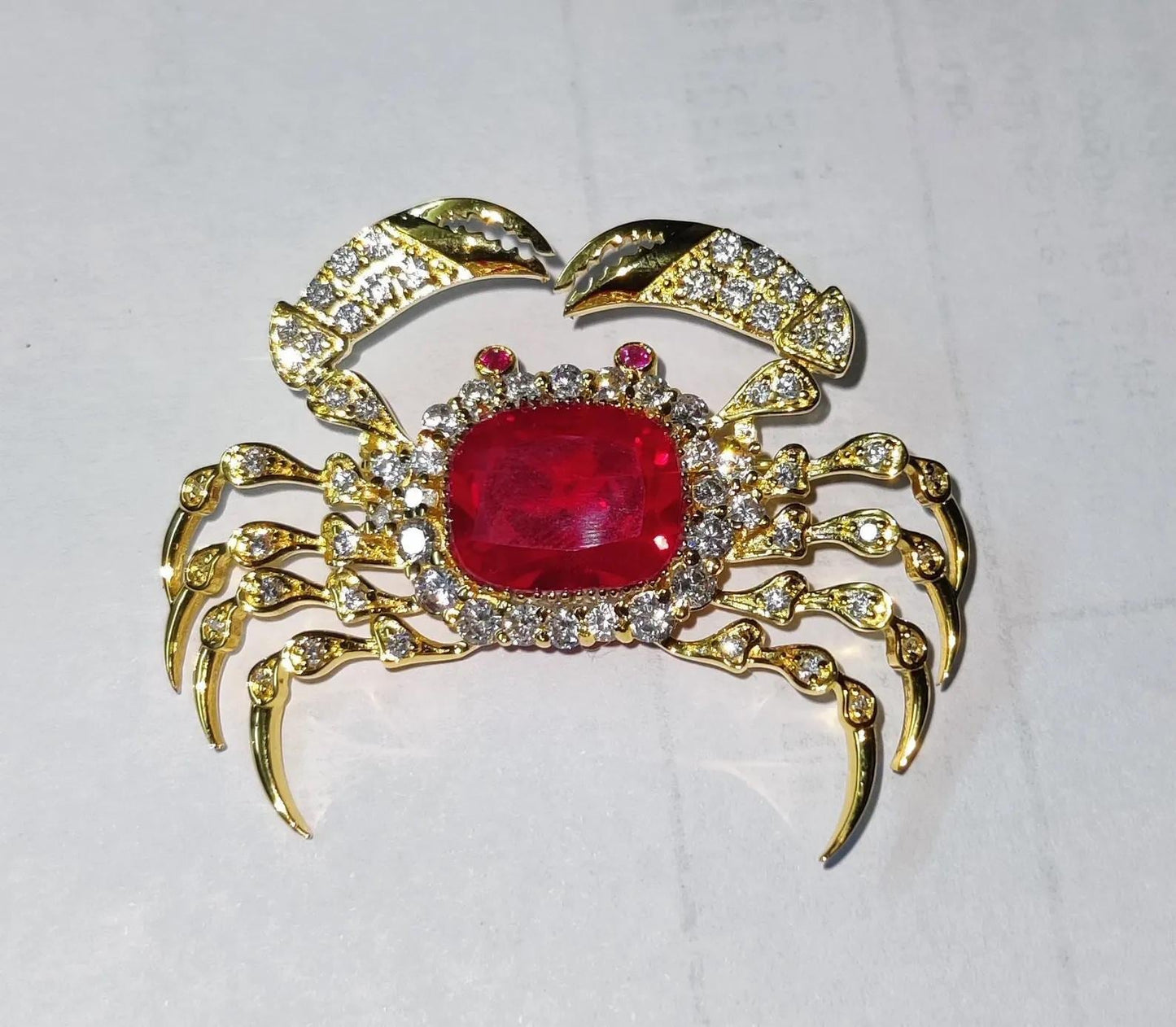 2Ct Diamond Brooch Pin, Crab Shape Brooch, Lab-Created Red Ruby Diamond 14K Yellow Gold Plated 925 Sterling Silver, Special Occasion wear