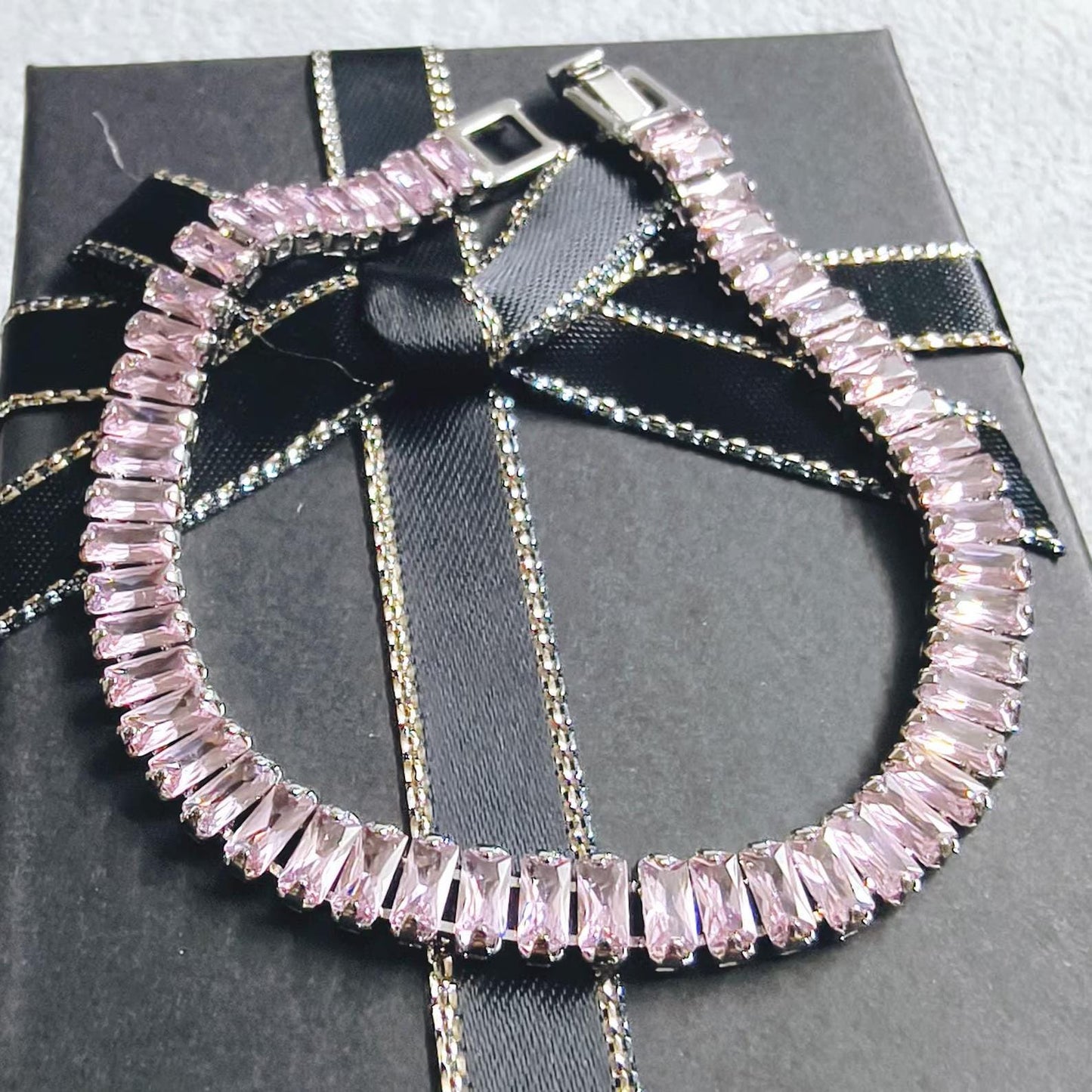 12Ct Baguette Cut CZ Pink Sapphire Lab-Created Spinel Tennis Bracelet 14K White Gold Plated Diamond Bracelet Size 7.5" Inch