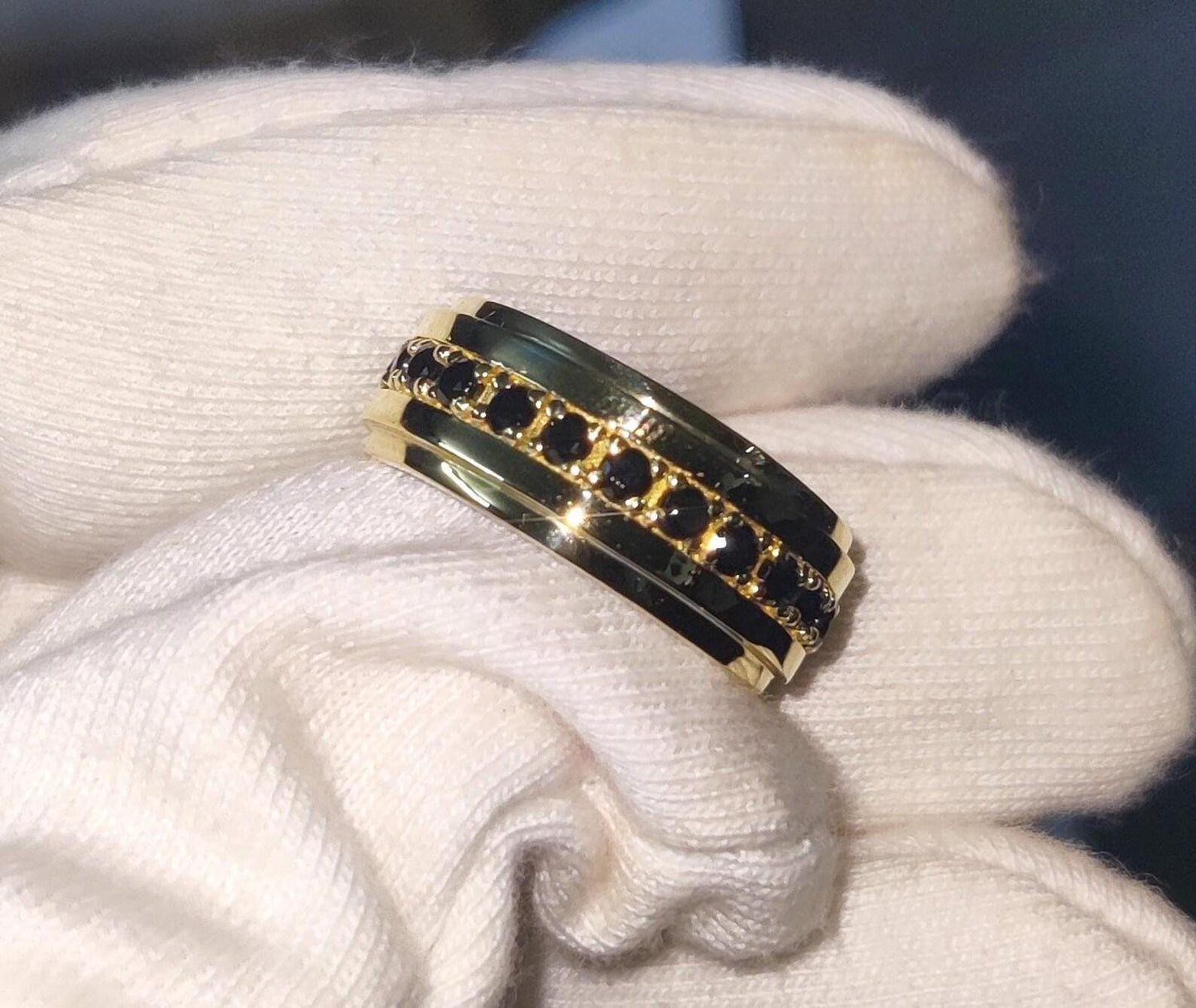 2Ct Round Cut Simulated Wedding Band Ring  Black Diamond Engagement Anniversary Wedding Band Ring 14K Yellow Gold Finish 925 Silver