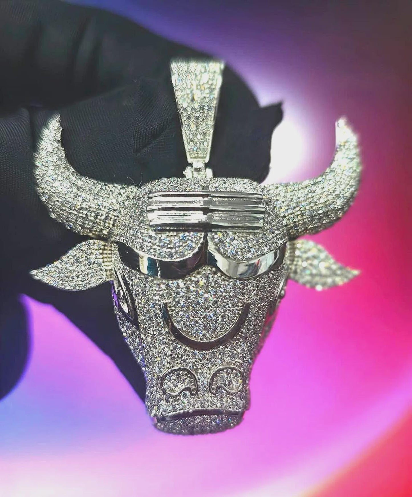 2Ct Round Cut Simulated White Diamond Bull Head Pendant 14K Yellow Gold Plated Free Chain 18" 925 Silver, Custom Hip Hop Animal Pendant