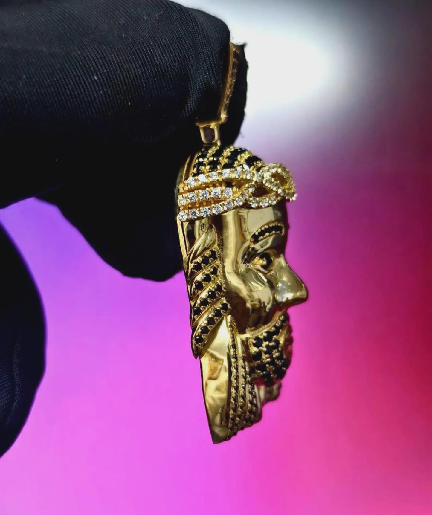 3Ct Round Cut Simulated Black and White Diamond Jesus Face  Pendant 14K Yellow Gold Plated Free Chain 18" 925 Silver, Hip Hop Custom Pendant