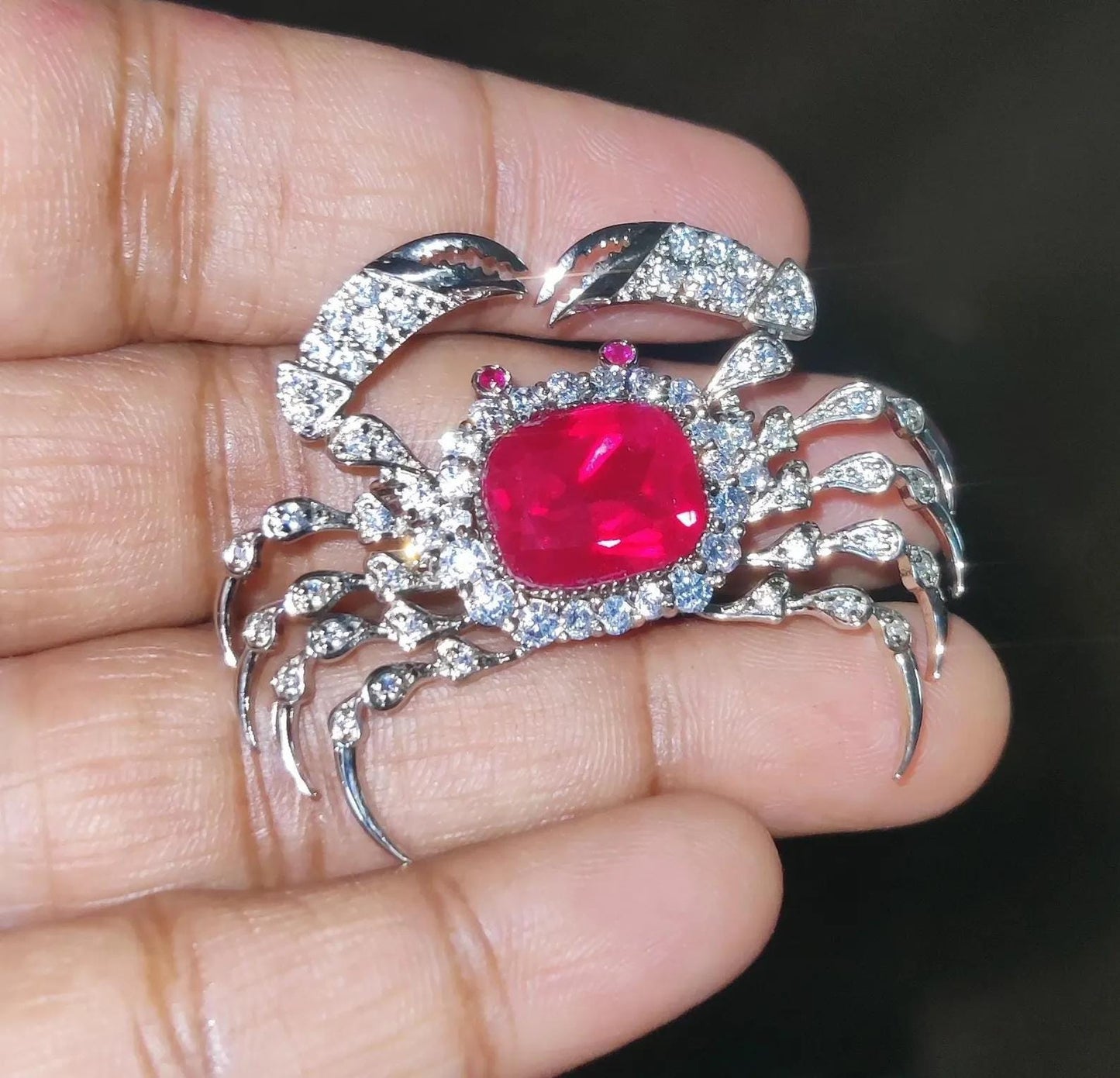 2Ct Diamond Brooch Pin, Crab Shape Brooch, Lab-Created Red Ruby Diamond 14K White Gold Plated 925 Sterling Silver, Special Occasion wear