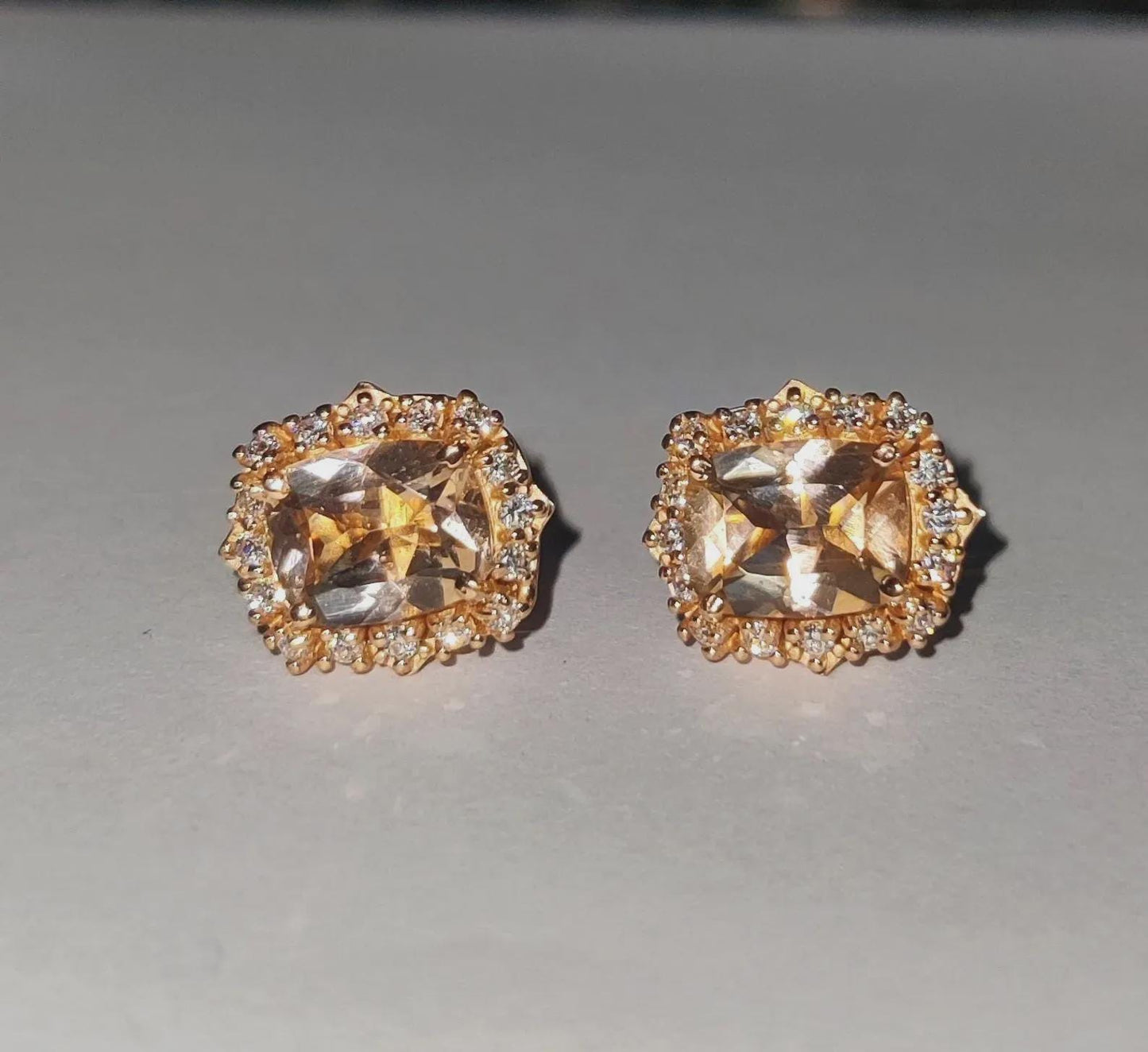 4Ct Cushion Cut Morganite Stud Earrings Simulated Diamond 14K Rose Gold Finish Fancy Halo Earrings 925 Sterling Silver Gift For Party Wear