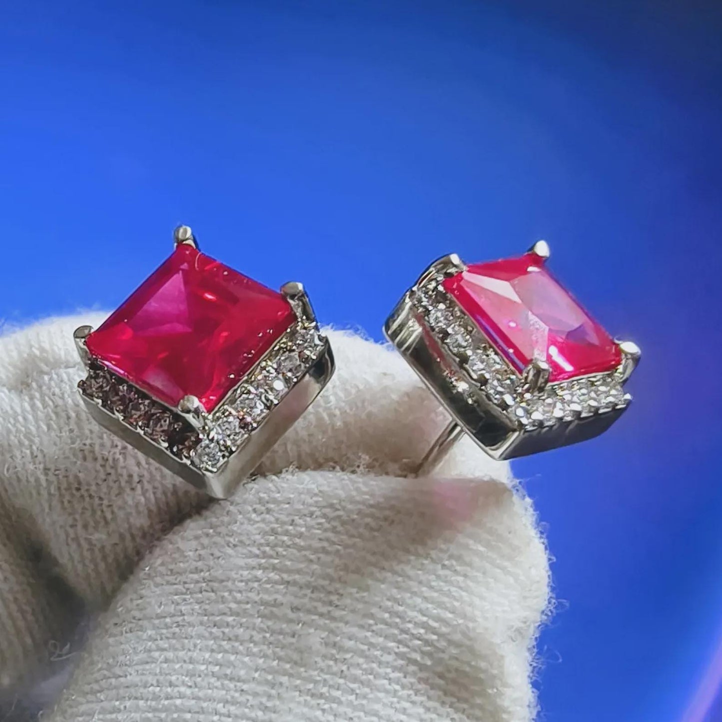 3Ct Princess Brilliant Cut Red Ruby VVS1 Diamond 14K White Gold Finish Halo Cluster Stud Earrings Gift For her ,Birthday Gift, Special Gift