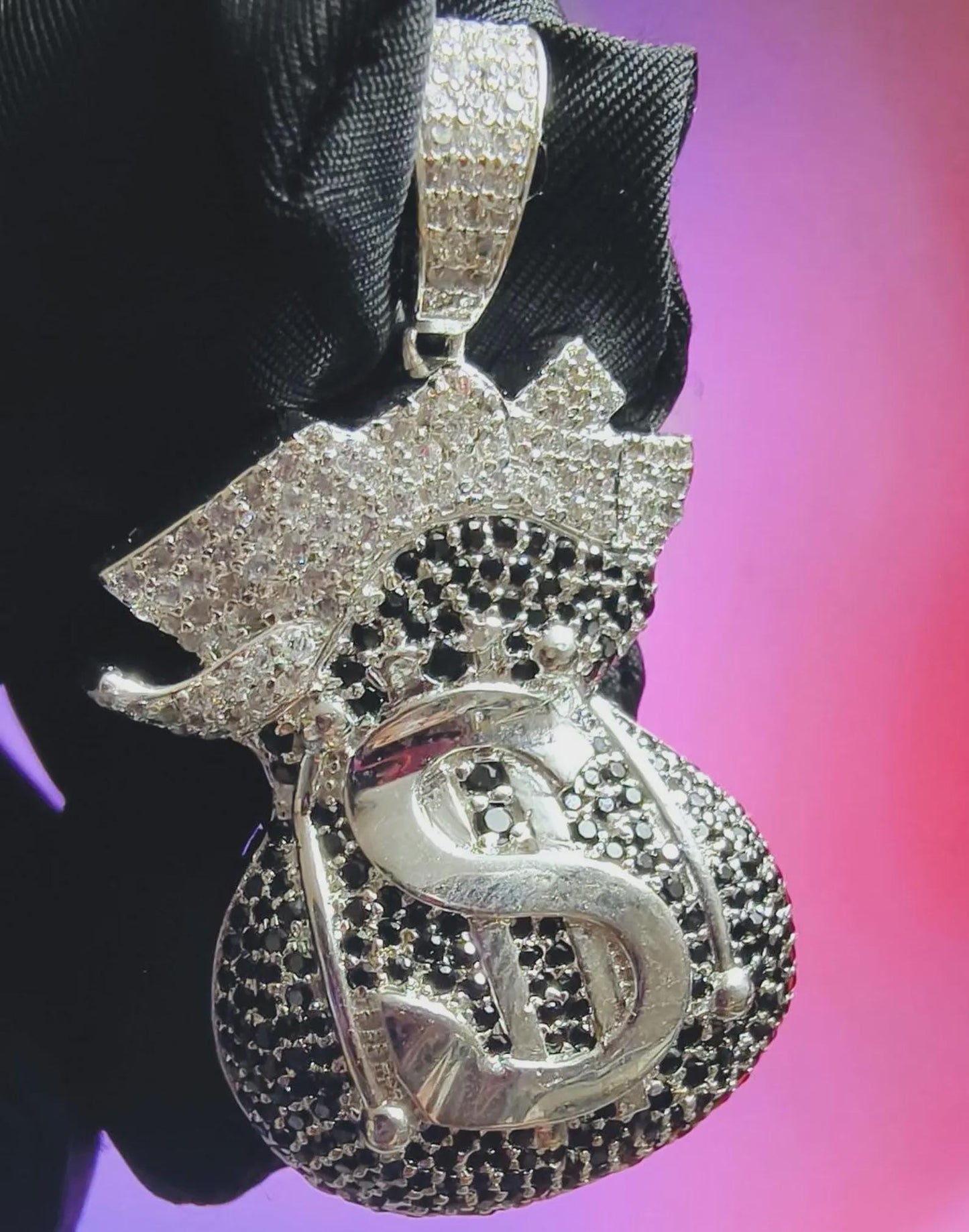3Ct Round Cut Simulated White Diamond, Black Spinel Dollar Money Bag Pendant 14K White Gold Plated 925 Silver, Hip Hop Pendant