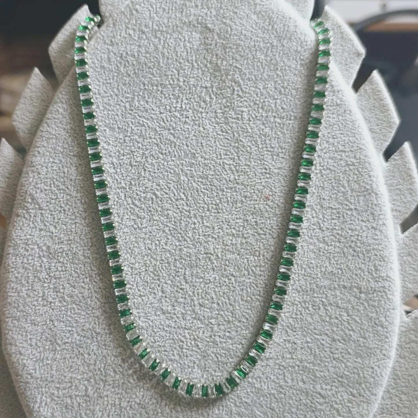 14Ct Radiant And Baguette Cut Emerald Lab-Created Gemstone Tennis Necklace 14K White Gold Plated Necklace Tennis Chain Necklace Size 19"