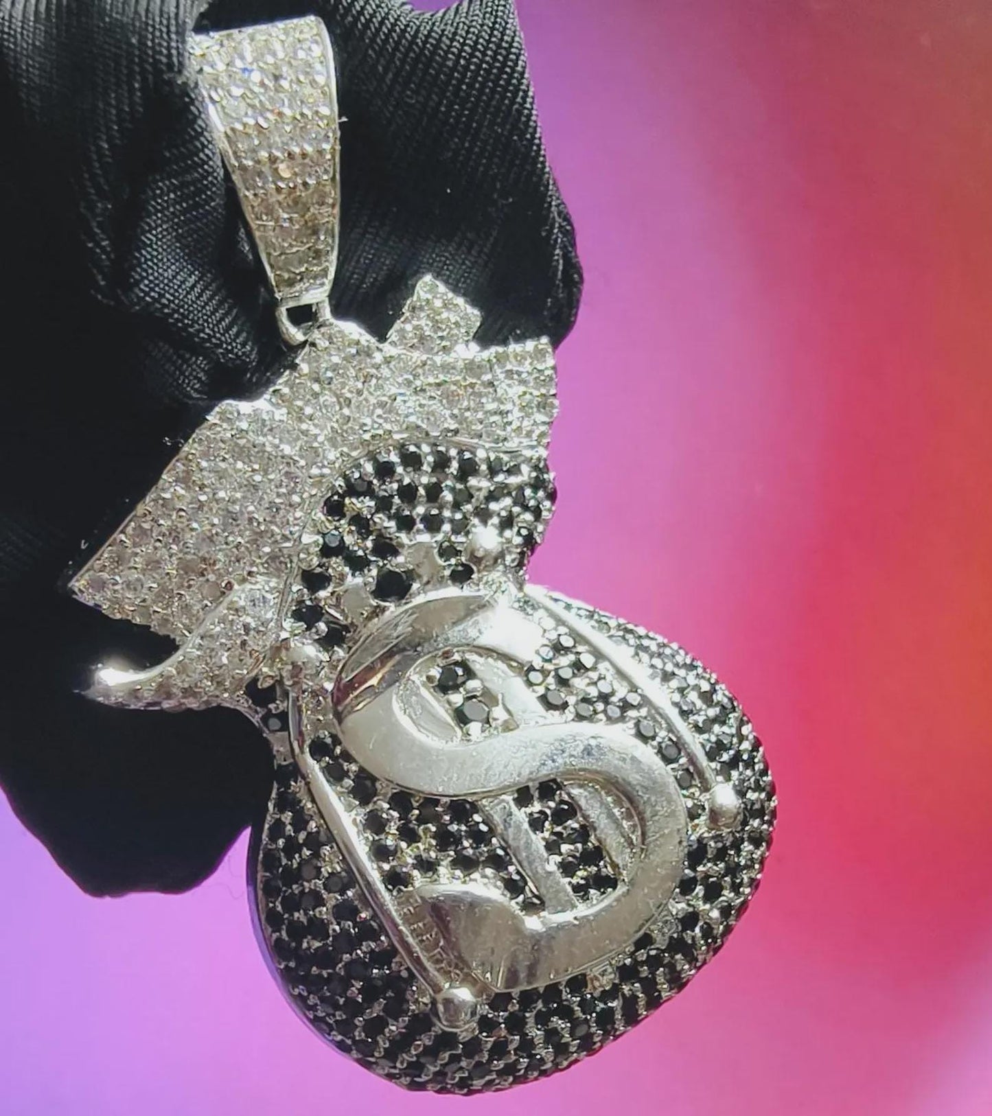 3Ct Round Cut Simulated White Diamond, Black Spinel Dollar Money Bag Pendant 14K White Gold Plated 925 Silver, Hip Hop Pendant