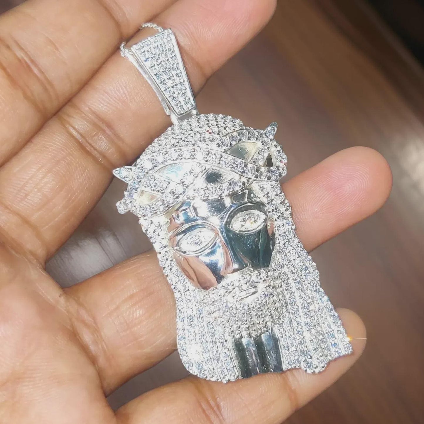 3Ct Round Cut White Diamond Jesus Face Pendant Simulated Diamond14K Yellow Gold Plated Free Chain 18" 925 Silver, Hip Hop Custom Pendant