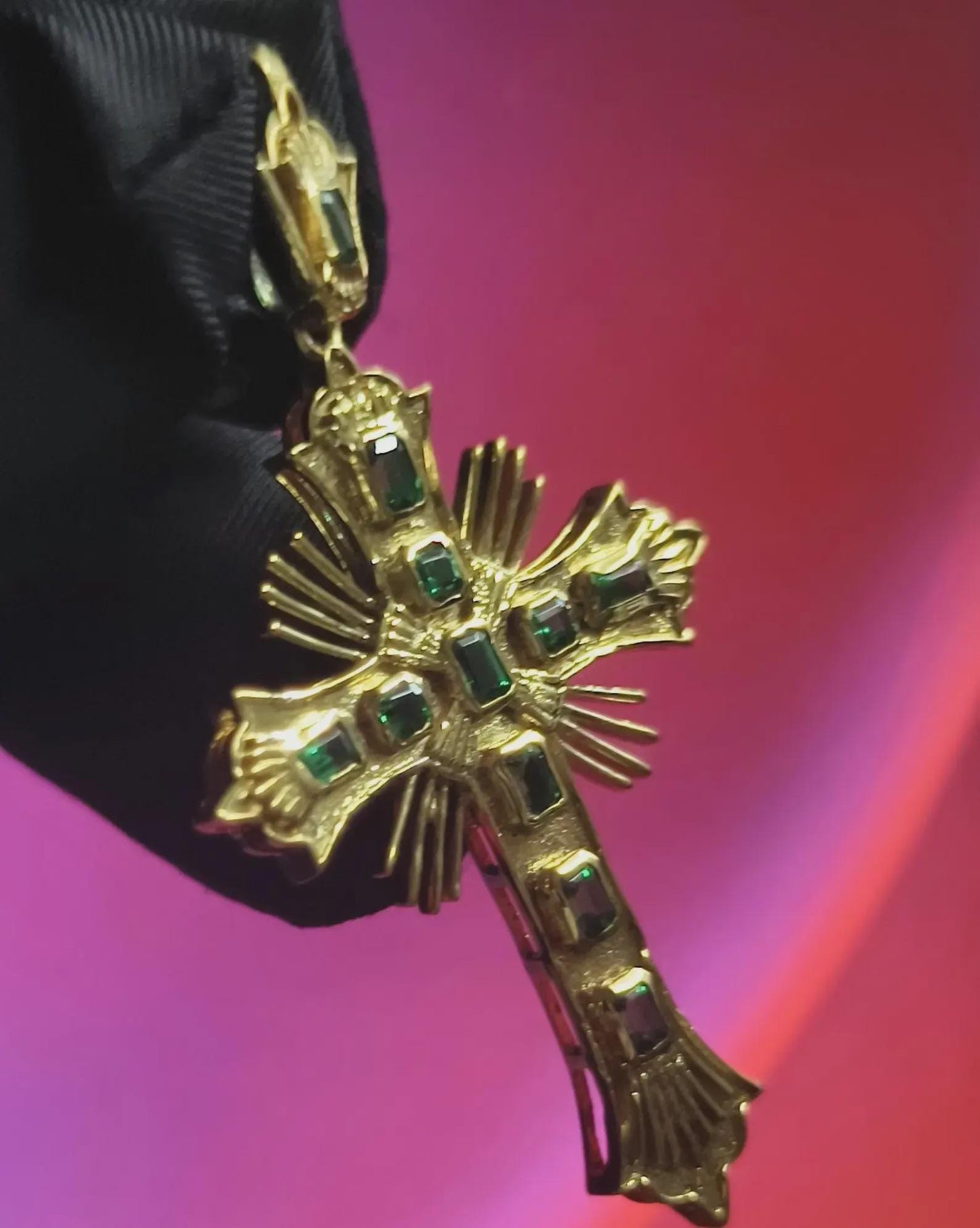 Emerald Cut Cross Pendant Simulated Green Emerald Diamond Pendant 4K Yellow Gold Plated 925 Sterling Silver, Religious Christmas Pendant