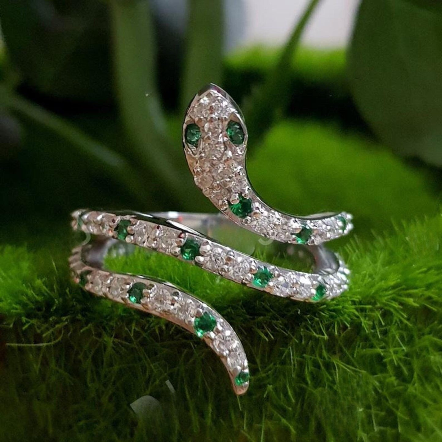 0.50Ct Round Cut Green Emerald VVS1 Diamond Solitaire Engagement Snake Women's Ring 14K White Gold Finish Gift For Her, Birthday Gift