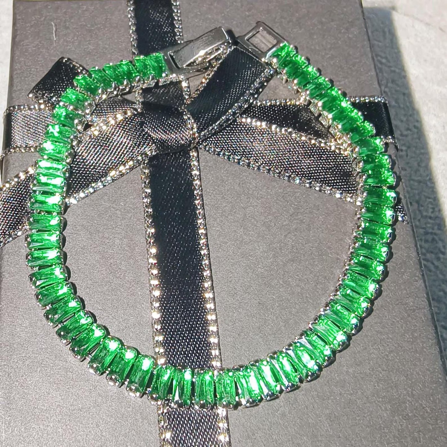 12Ct Baguette Cut Green Emerald Lab-Created Green Emerald Tennis Bracelet 14K White Gold Plated Diamond Bracelet Size 7.5" Inch 925 Silver