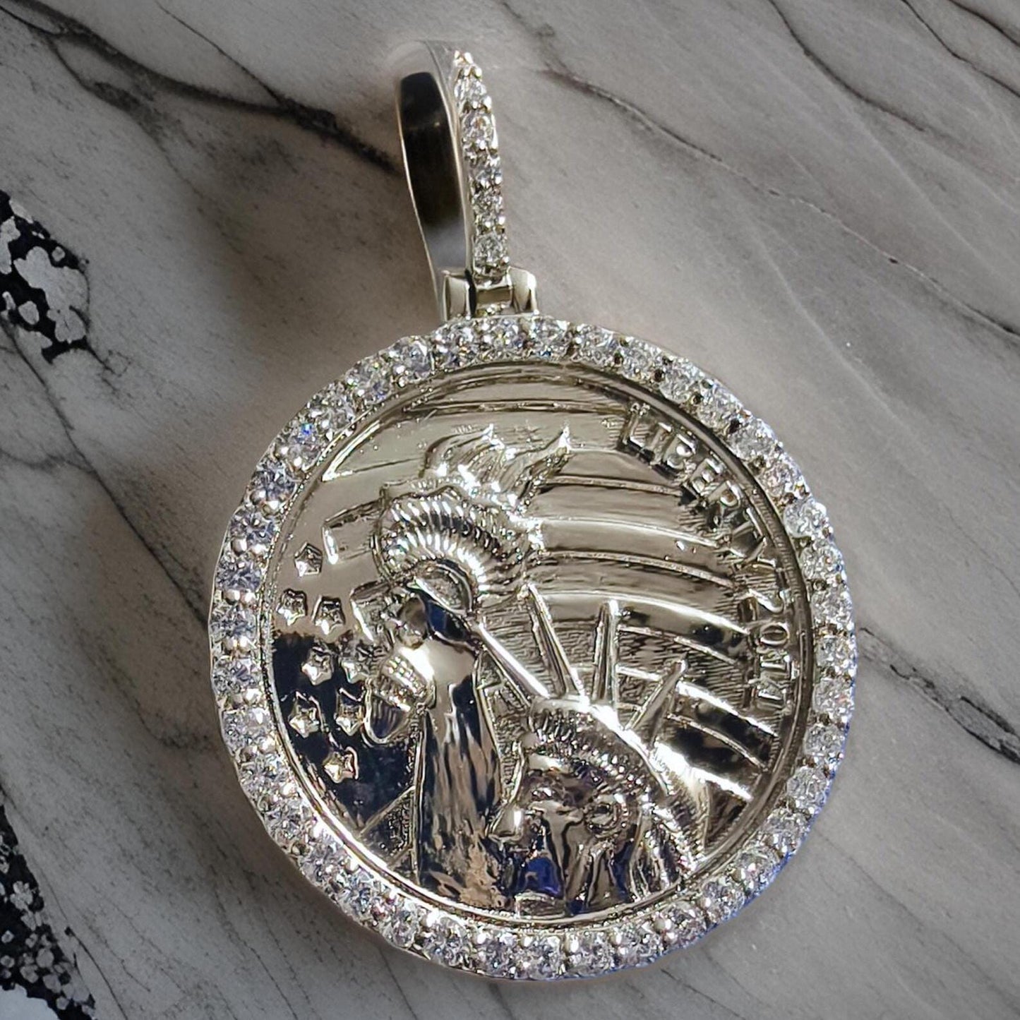 1Ct Round Cut Moissanite Pendant Liberty Coin Pendant Necklaces Pendant 14K White Gold Over Moissanite Liberty Pendant