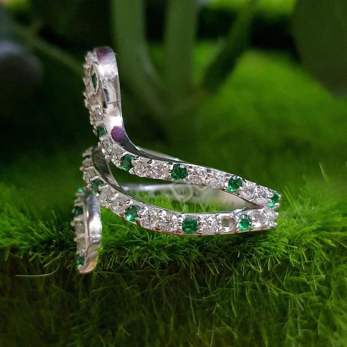 0.50Ct Round Cut Green Emerald VVS1 Diamond Solitaire Engagement Snake Women's Ring 14K White Gold Finish Gift For Her, Birthday Gift