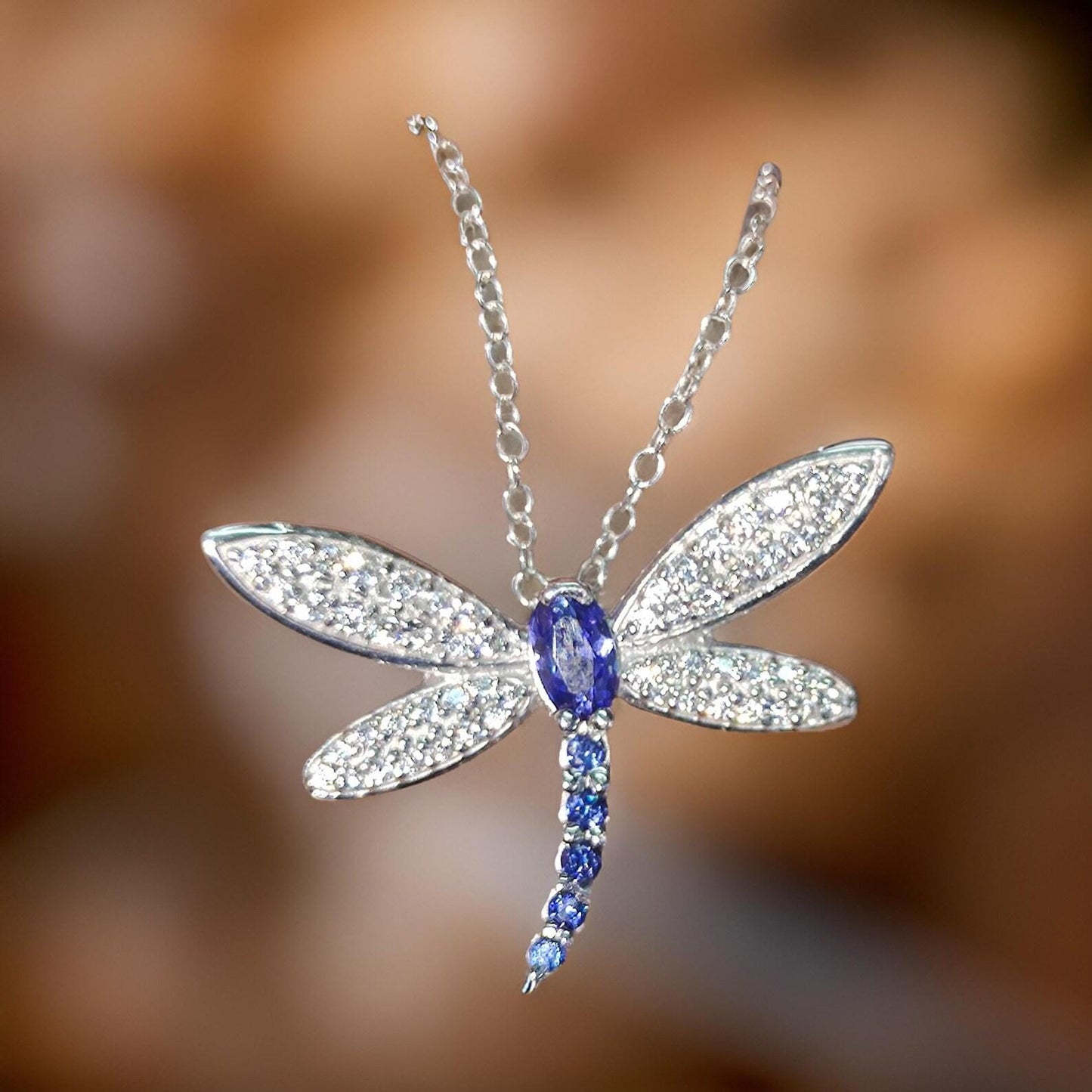 2Ct Oval Cut Lab-Created Blue Sapphire & Diamond Dragonfly Pendant 14K White Gold Plated Sapphire Pendant Women's Dragonfly Pendant