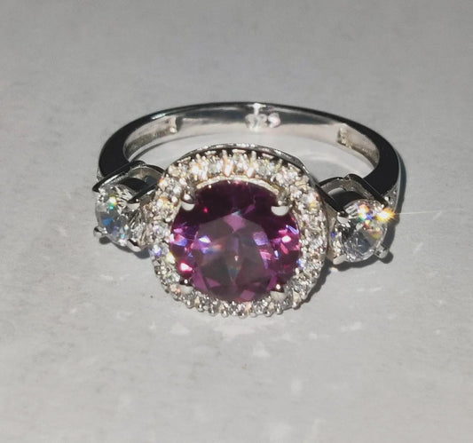 2Ct Amethyst Round Cut Simulated Diamond Halo Engagement Ring 14K White Gold Finish 925 Sterling Silver, Wedding Band, Gift For her