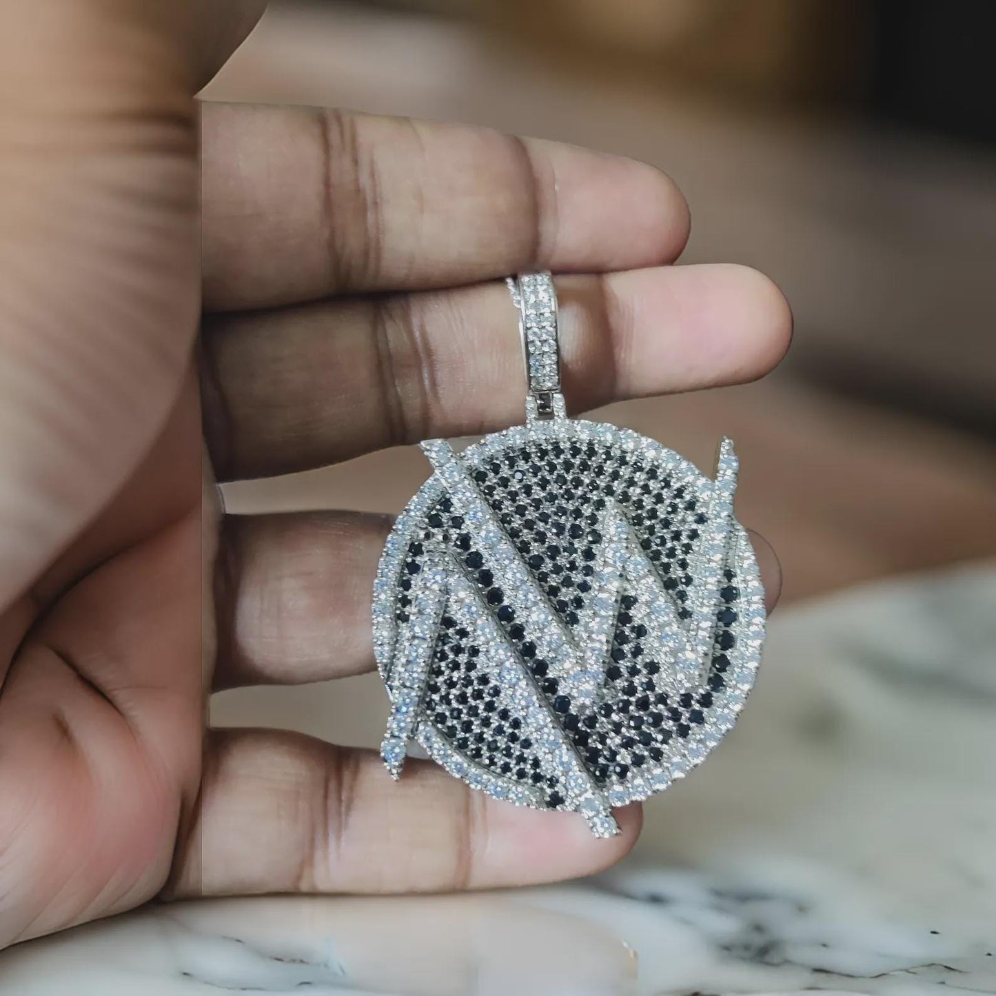 4Ct Diamond Round Cut Lab-Created Black Diamond Cluster AW Circle Pendant 14K White Gold Finish Hip Hop Alphabet Circle Diamond Pendant