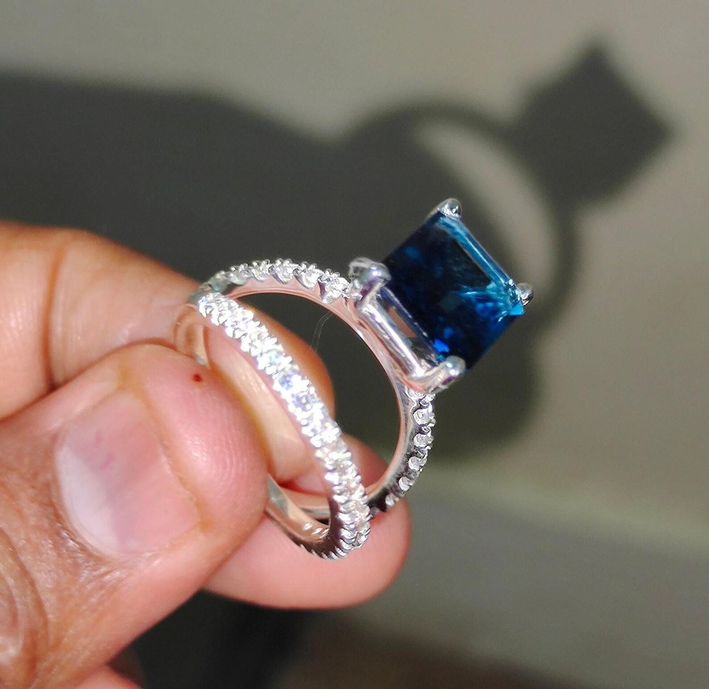 2.50Ct Emerald Brilliant Cut Blue Sapphire & VVS1/D Diamond Solitaire Engagement Bridal Ring Set 14K White Gold Finish Gift For her