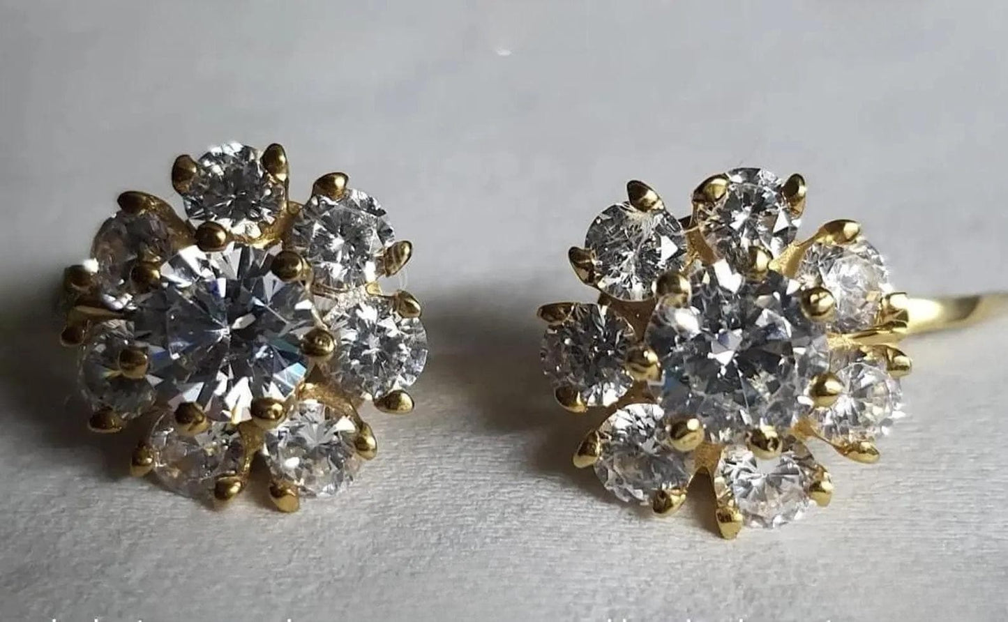 2Ct Round Cut Simulated Diamond Cluster Flower Cluster Stud Earrings 14k Yellow Gold Plated, Cluster Earring, Flower Earring, Gift for Party