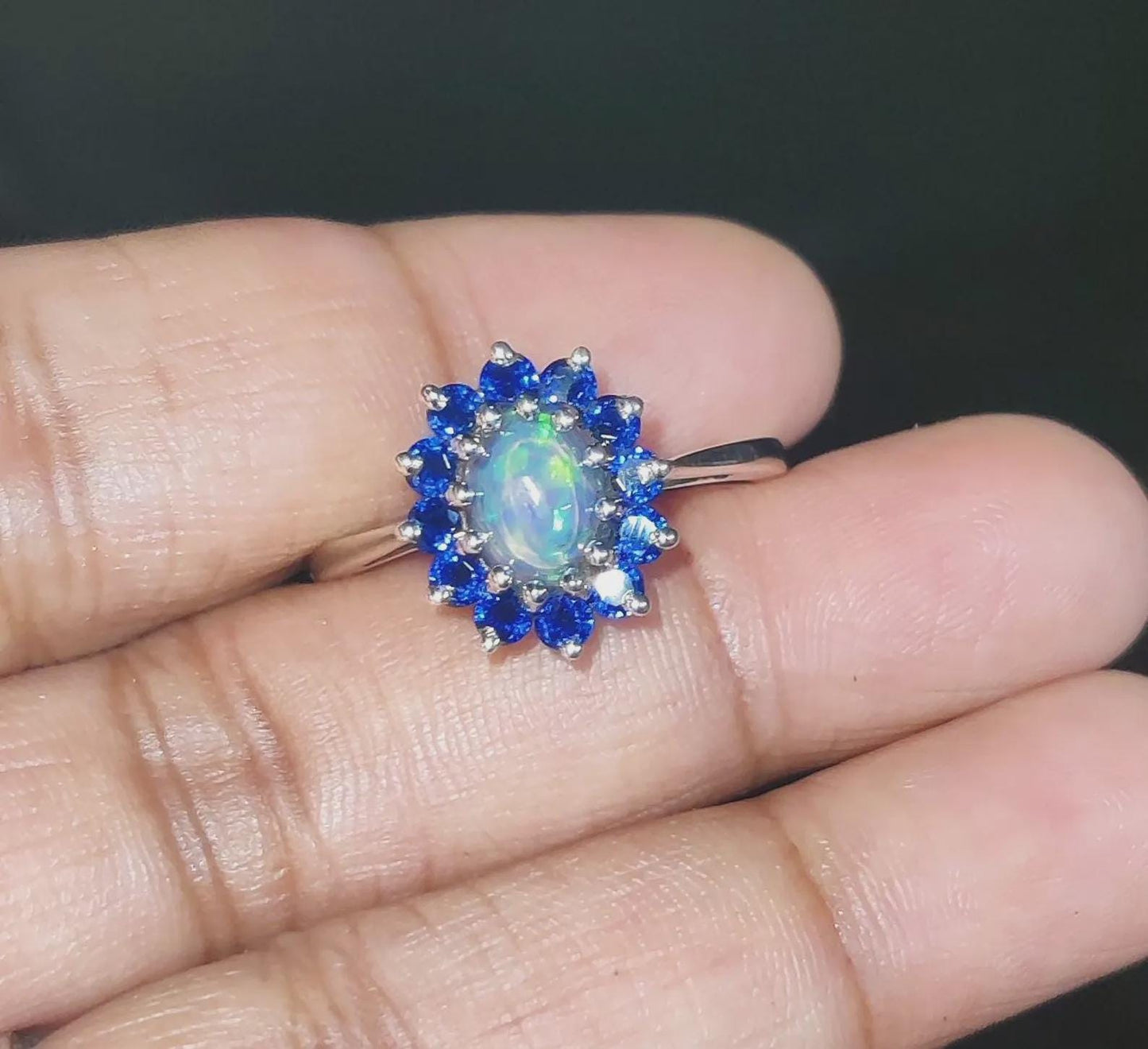 2Ct Oval Cut Fire Opal and Blue Sapphire Halo Engagement Wedding Ring 14K White Gold Finish Opal Ring Halo Fire Opal Ring