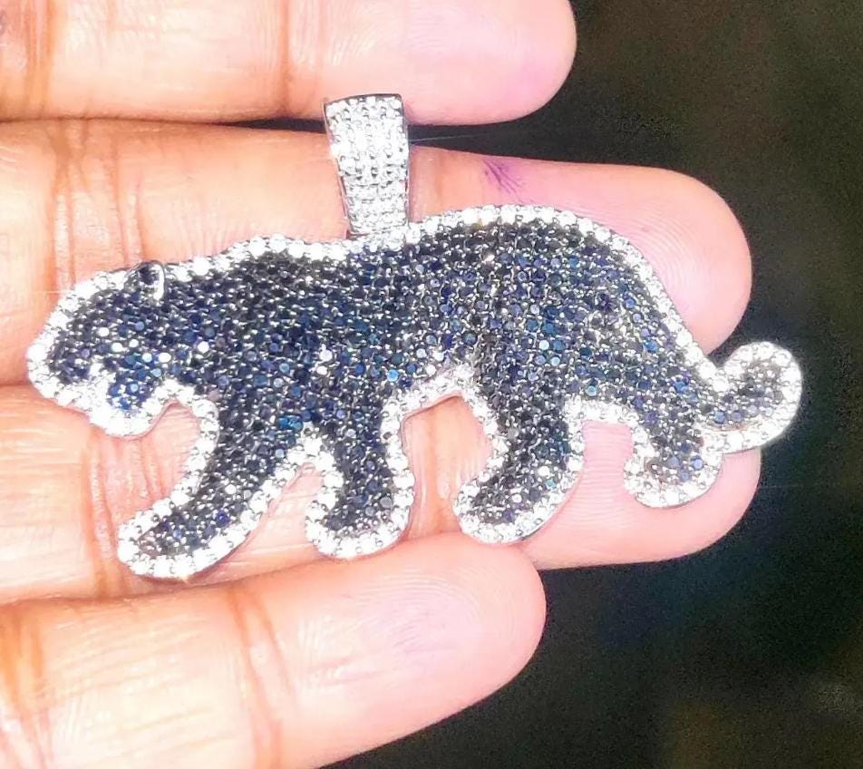 3Ct Round Cut Simulated Black Diamond Panther Pendant 14K White Gold Plated Black - 925 Silver