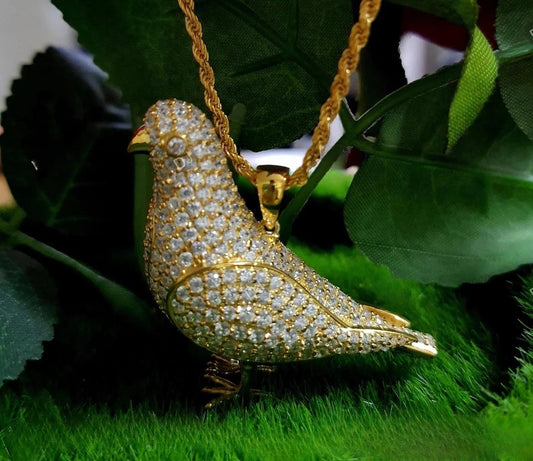 14k Yellow Gold Finish Pendant. Custom Made Bird Pendant Round cut Simulated Diamond Yellow Gold Plated Bird Pendant Free Chain