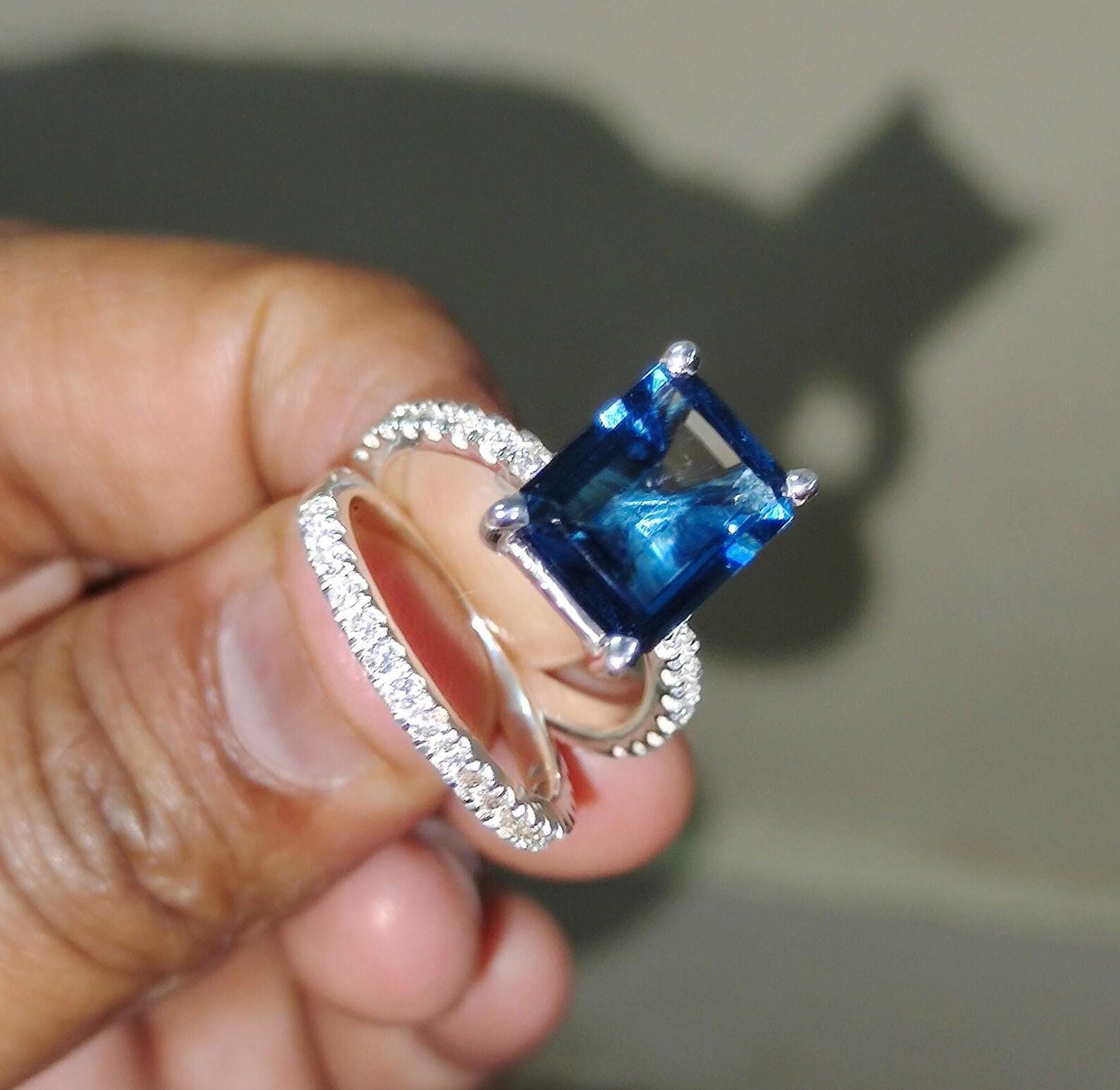 2.50Ct Emerald Brilliant Cut Blue Sapphire & VVS1/D Diamond Solitaire Engagement Bridal Ring Set 14K White Gold Finish Gift For her