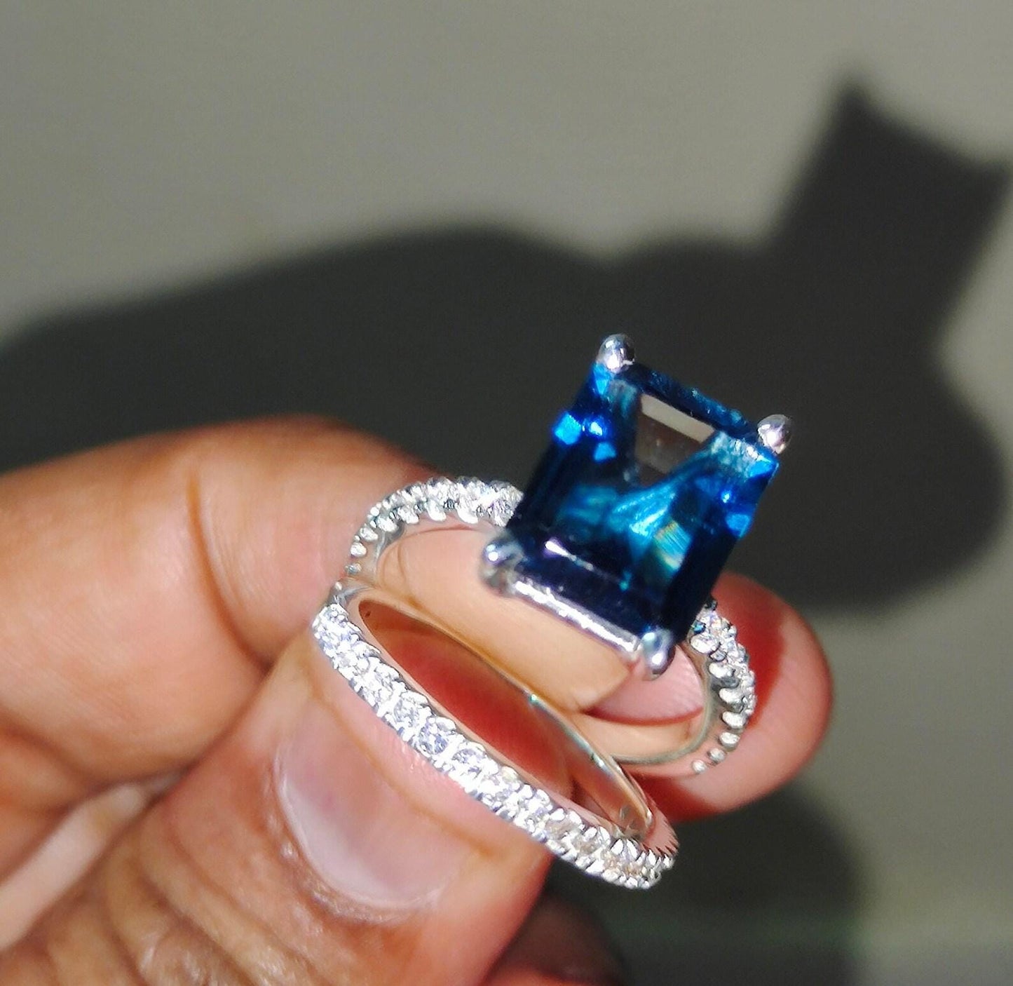 2.50Ct Emerald Brilliant Cut Blue Sapphire & VVS1/D Diamond Solitaire Engagement Bridal Ring Set 14K White Gold Finish Gift For her