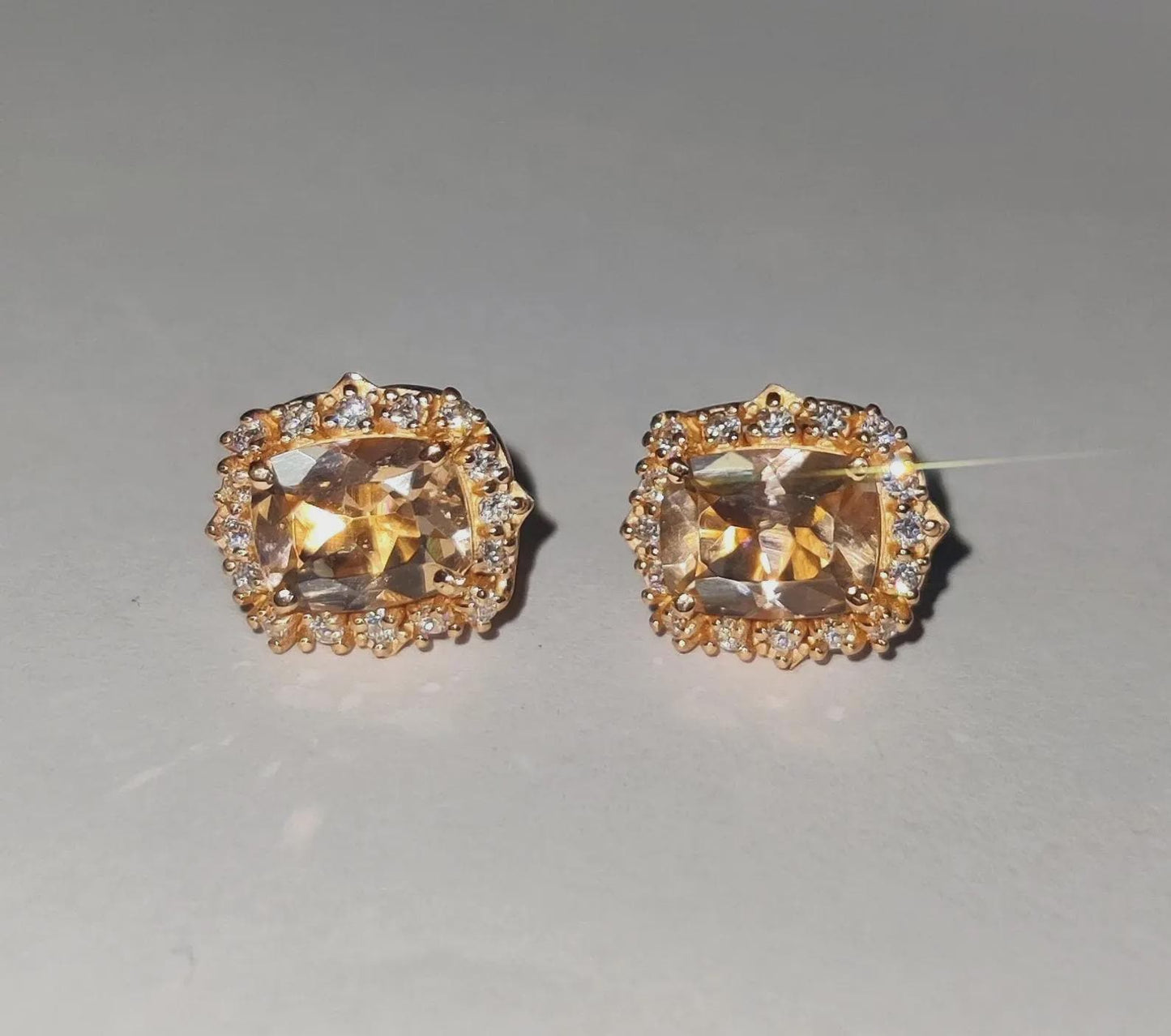 4Ct Cushion Cut Morganite Stud Earrings Simulated Diamond 14K Rose Gold Finish Fancy Halo Earrings 925 Sterling Silver Gift For Party Wear