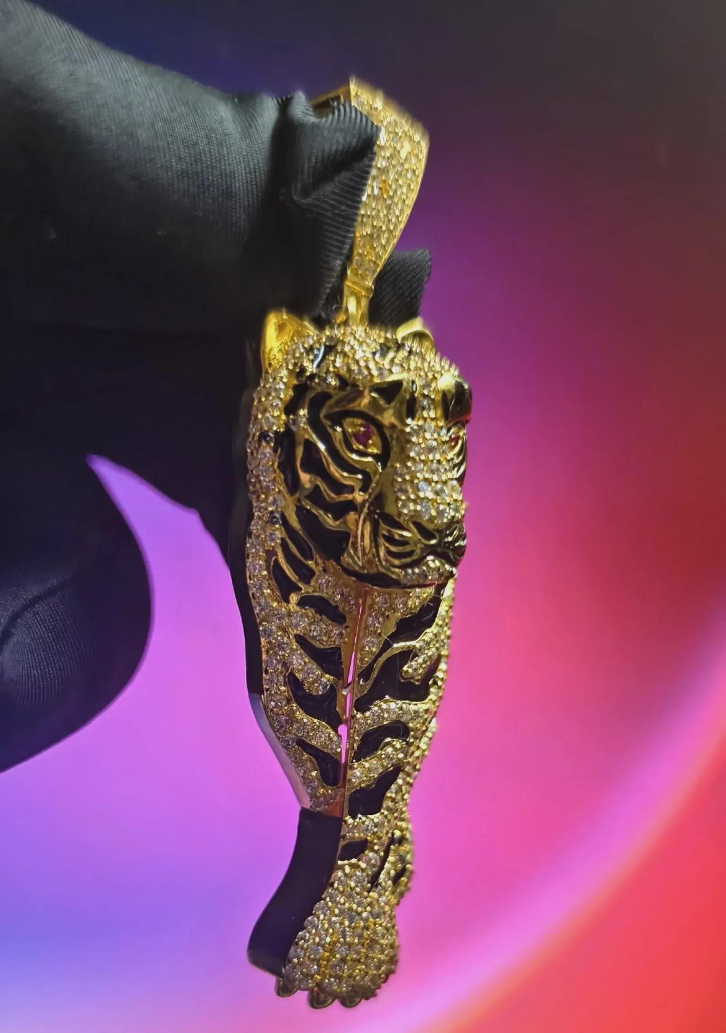 4Ct Round Cut Tiger Simulated Diamond Black Enamel Pendant Red Ruby Eye 14K Yellow Gold Plated 925 Sterling Silver, Tiger Animal Pendant