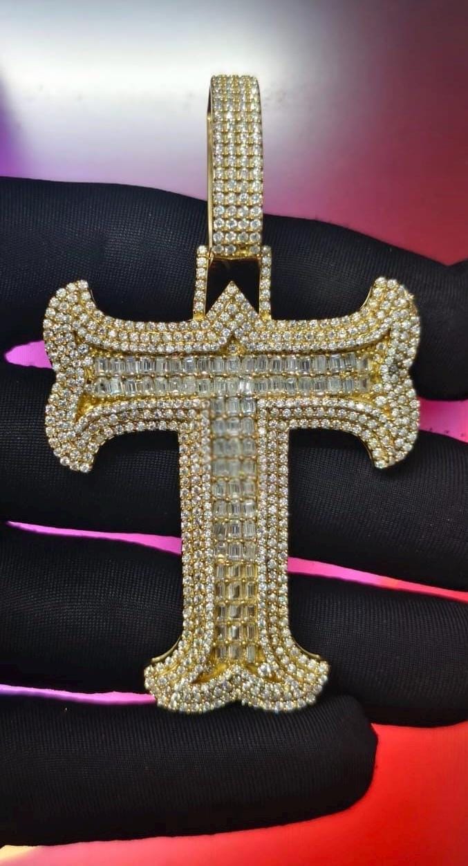 3Ct Round Cut Simulated Diamond Custom Inital Letter T Pendant 14K Yellow Gold Plated - 925 Silver