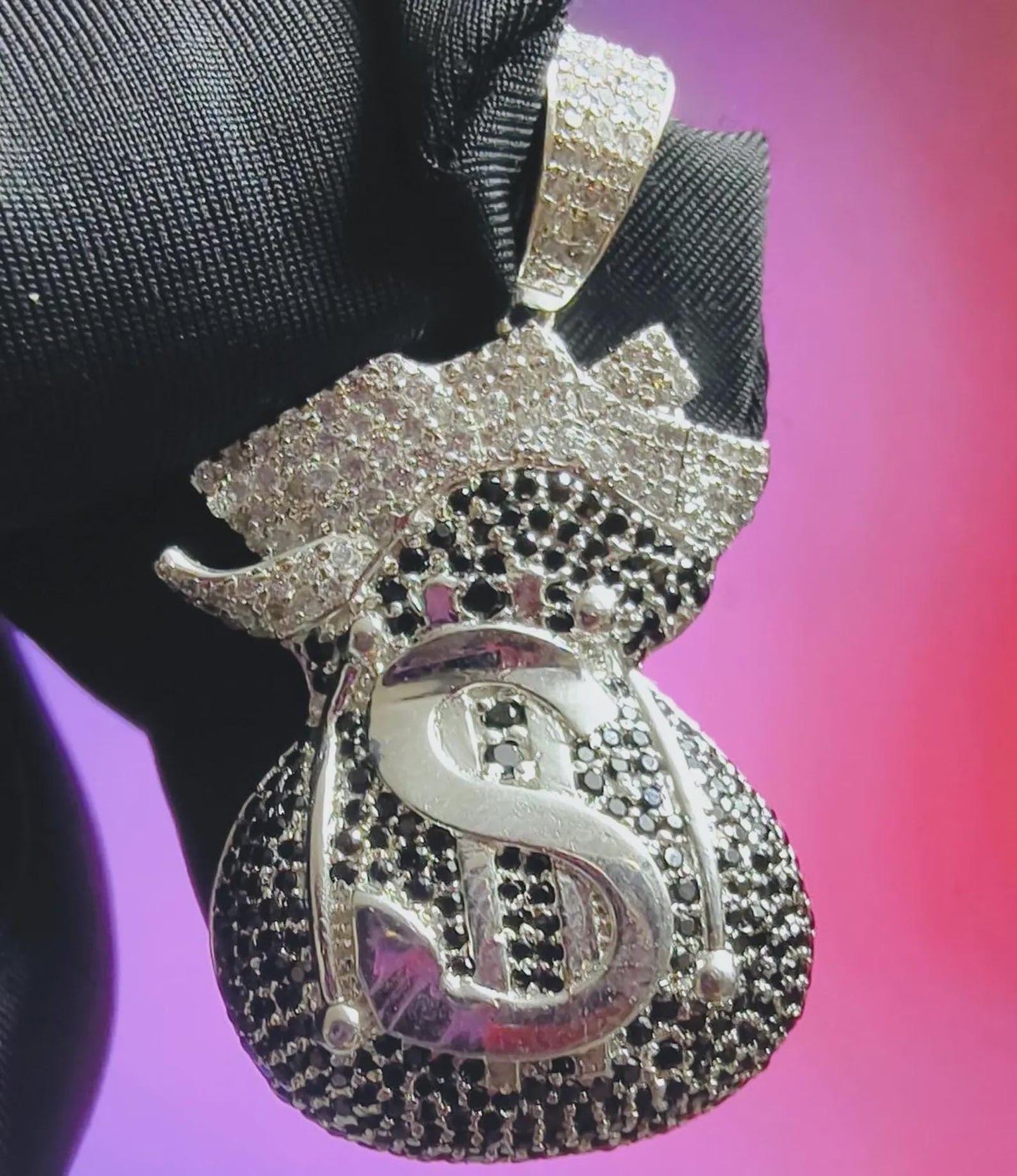 3Ct Round Cut Simulated White Diamond, Black Spinel Dollar Money Bag Pendant 14K White Gold Plated 925 Silver, Hip Hop Pendant