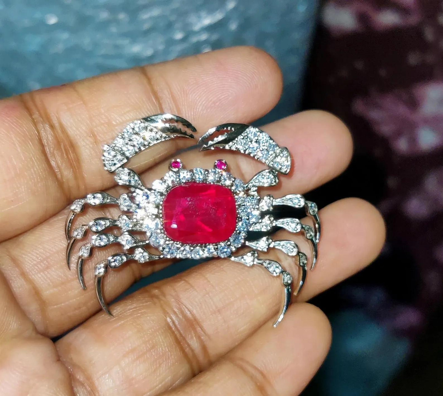 2Ct Diamond Brooch Pin, Crab Shape Brooch, Lab-Created Red Ruby Diamond 14K White Gold Plated 925 Sterling Silver, Special Occasion wear