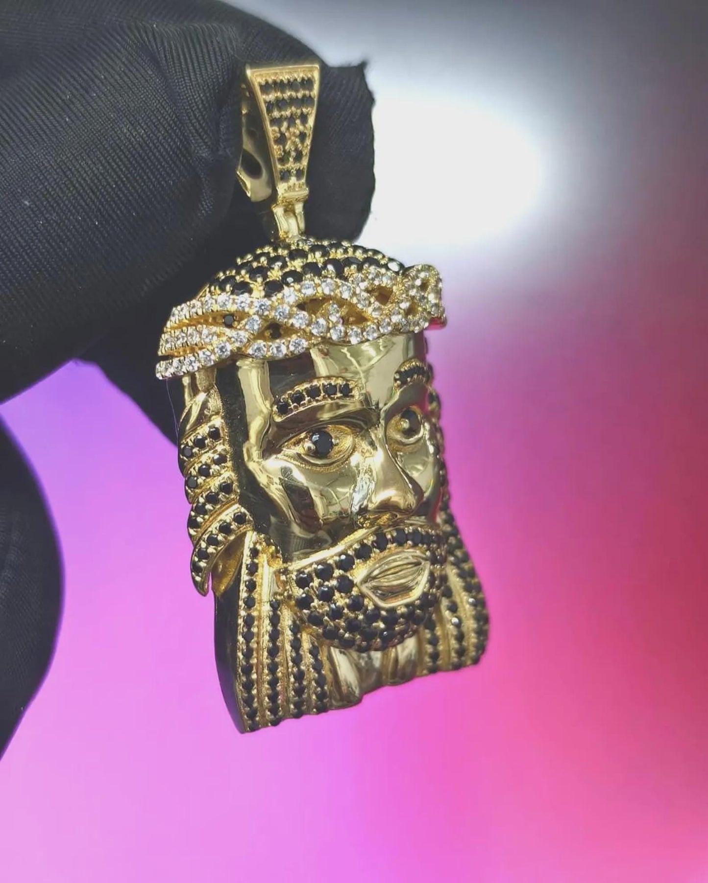 3Ct Round Cut Simulated Black and White Diamond Jesus Face  Pendant 14K Yellow Gold Plated Free Chain 18" 925 Silver, Hip Hop Custom Pendant