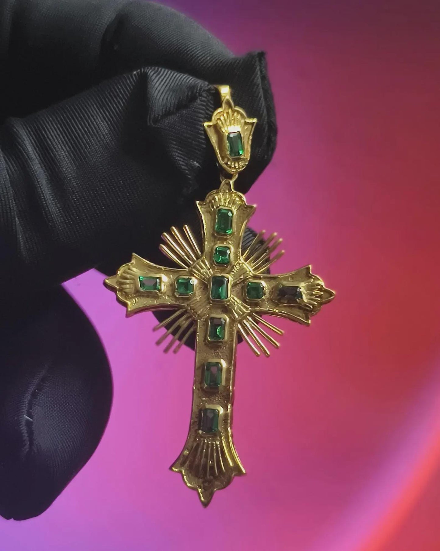 Emerald Cut Cross Pendant Simulated Green Emerald Diamond Pendant 4K Yellow Gold Plated 925 Sterling Silver, Religious Christmas Pendant