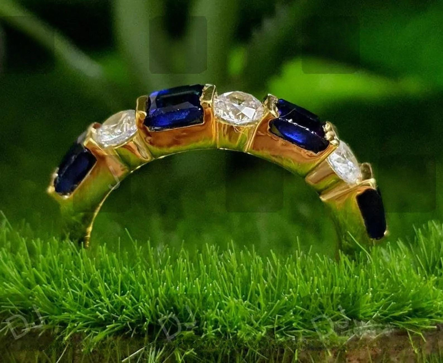 2Ct Round Cut Simulated Diamond & Princess Cut Sapphire Engagement Anniversary Band Ring 14K Yellow Gold Finish, Birthday Gift, Ring For Her