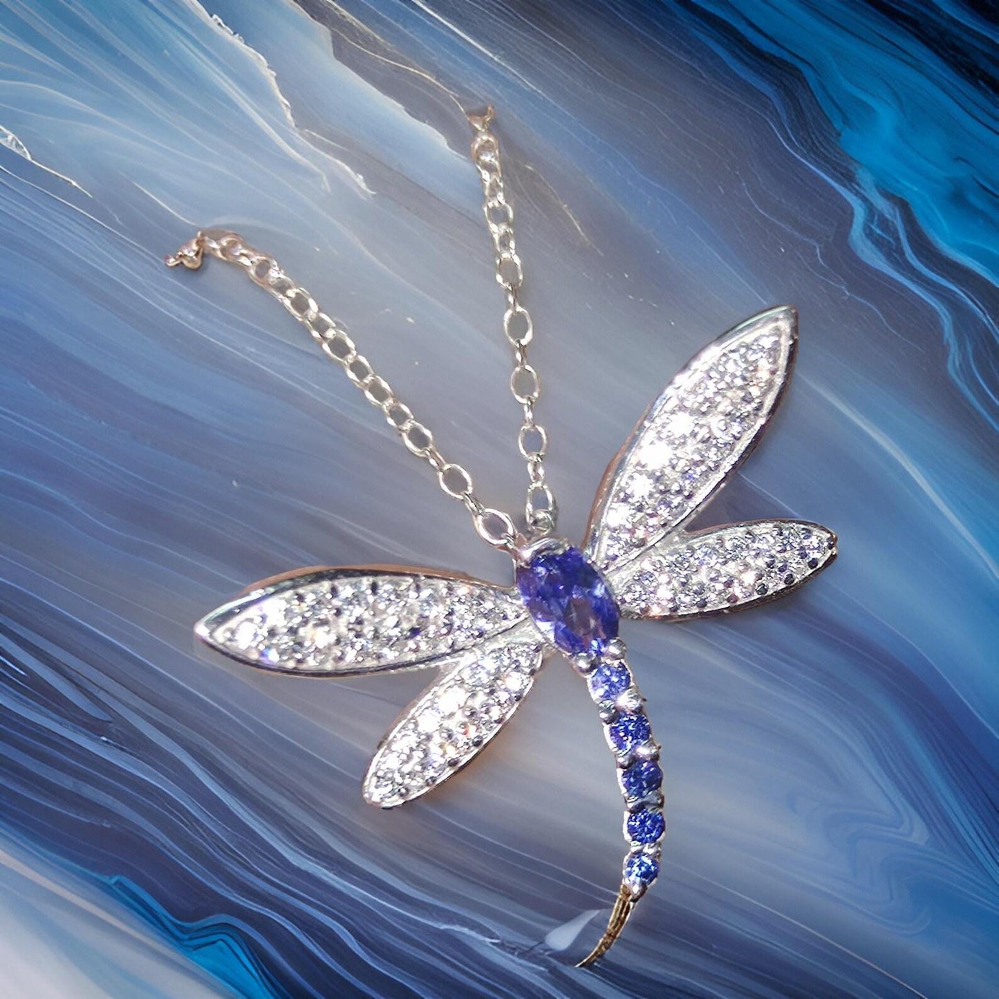 2Ct Oval Cut Lab-Created Blue Sapphire & Diamond Dragonfly Pendant 14K White Gold Plated Sapphire Pendant Women's Dragonfly Pendant